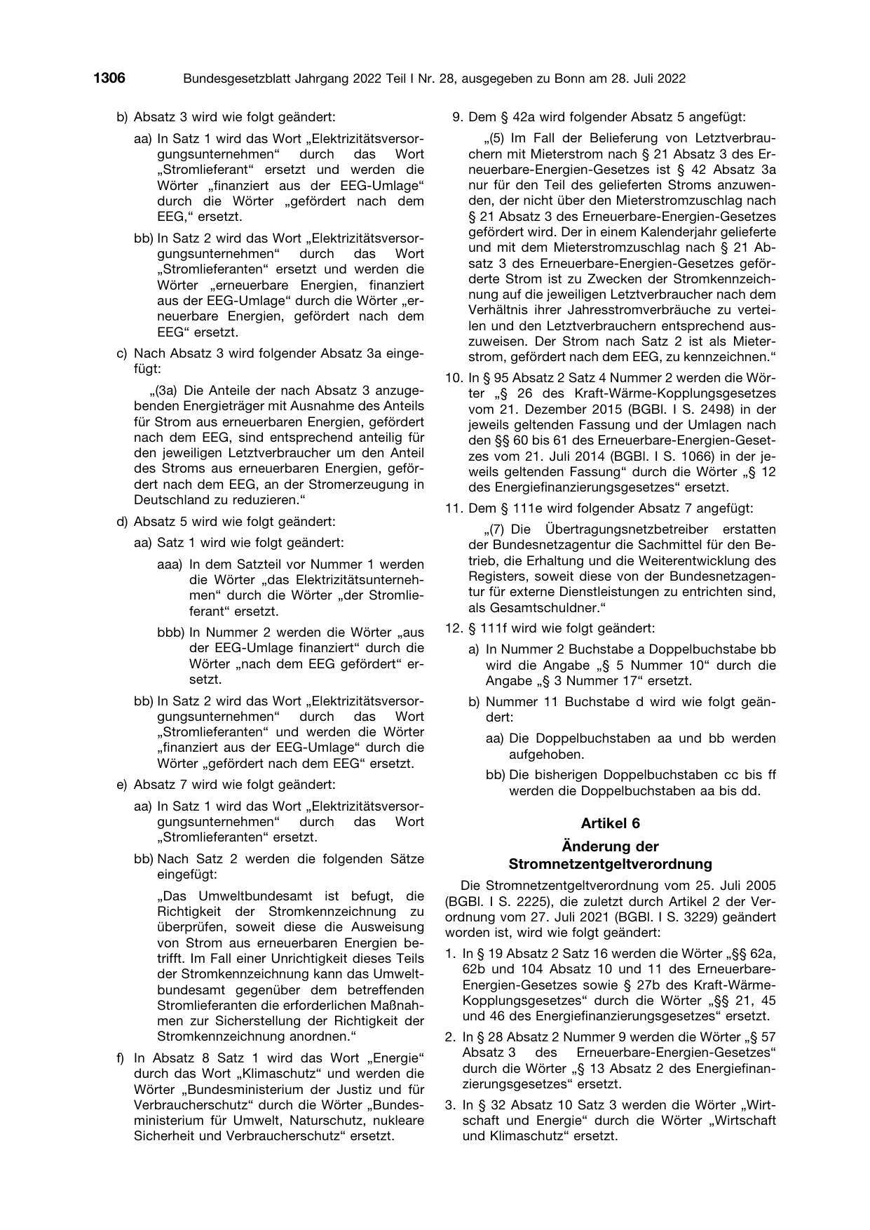 BGBl. 2022, Seite 1306 — Originalseite als Abbildung
