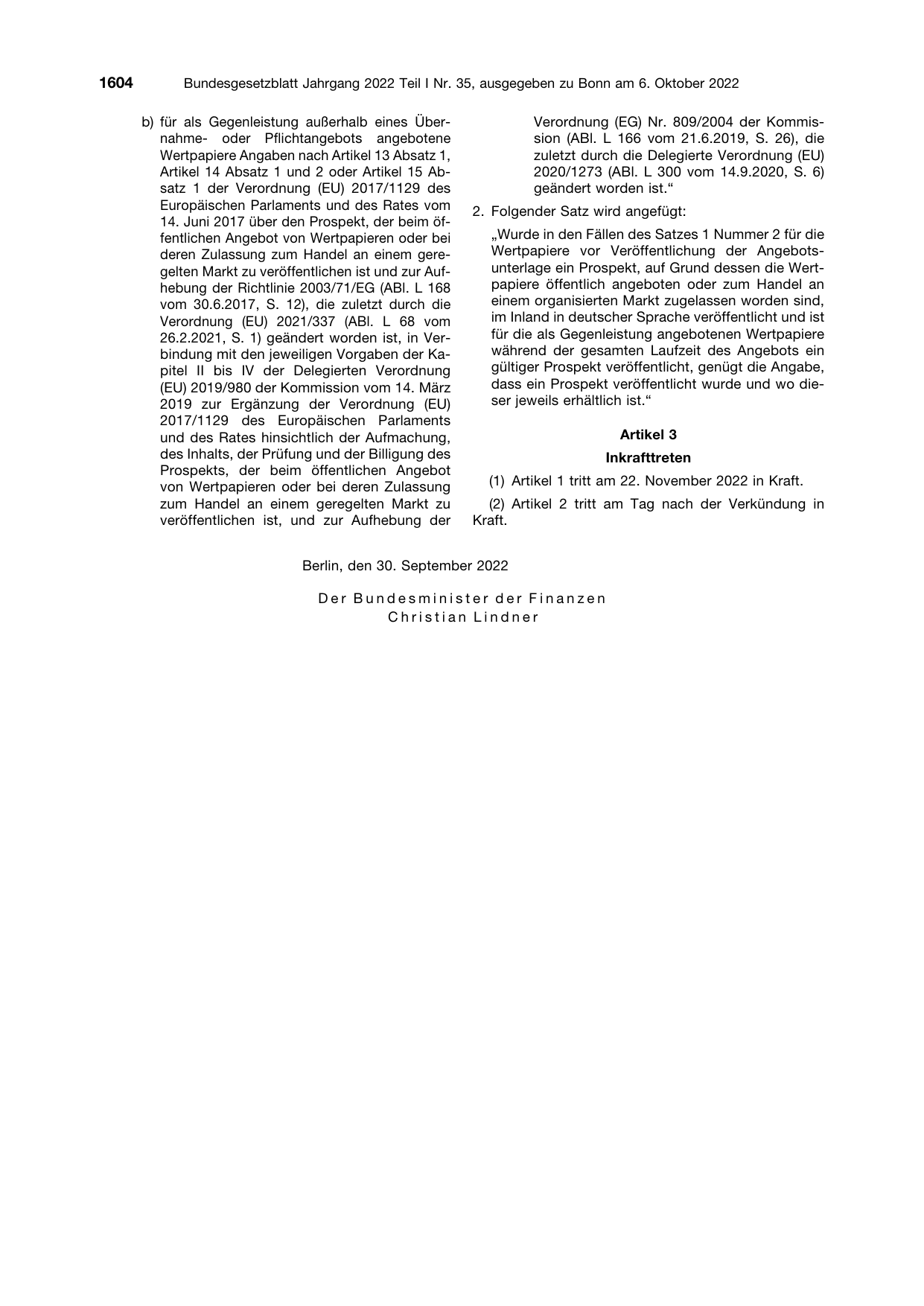 BGBl. 2022, Seite 1604 — Originalseite als Abbildung