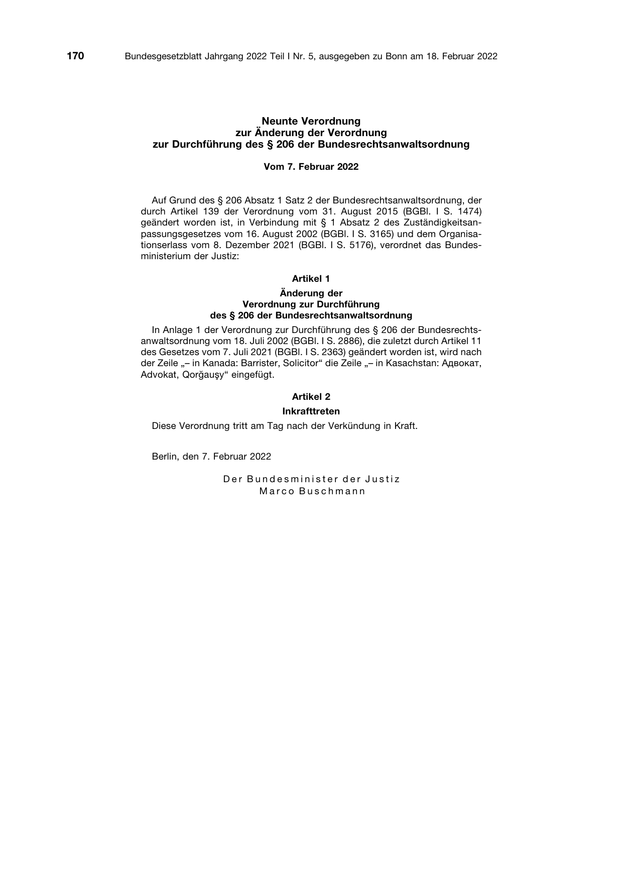 BGBl. 2022, Seite 170 — Originalseite als Abbildung