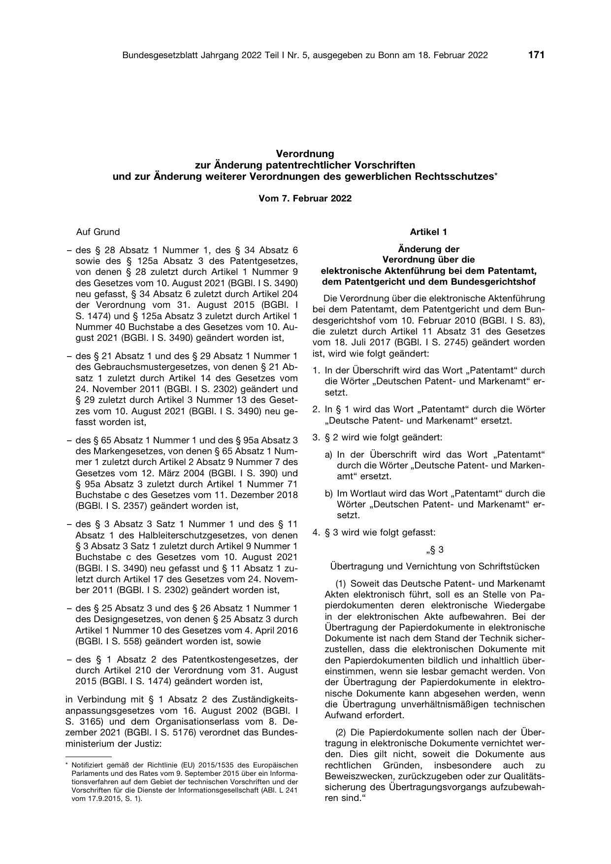 BGBl. 2022, Seite 171 — Originalseite als Abbildung