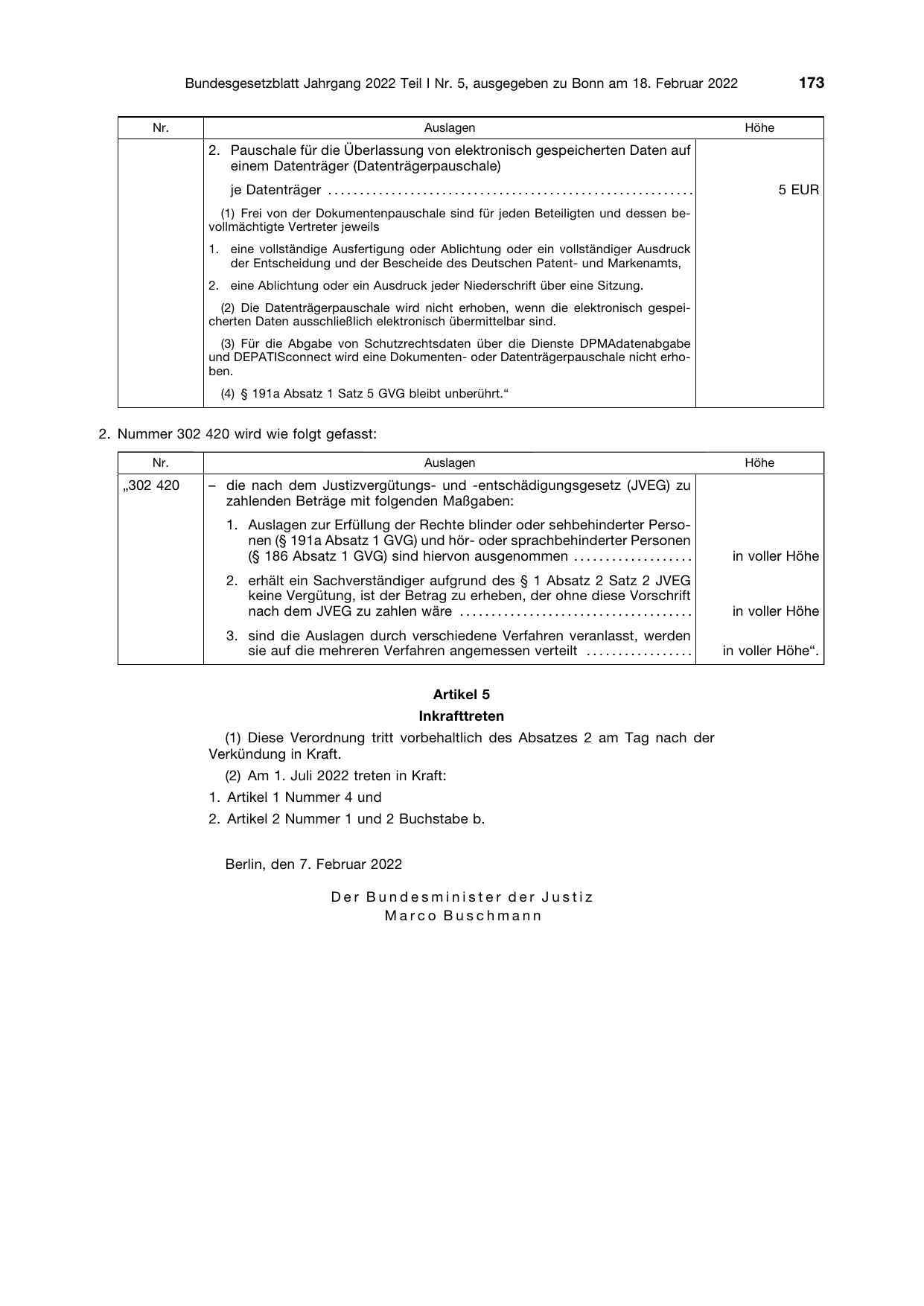 BGBl. 2022, Seite 173 — Originalseite als Abbildung