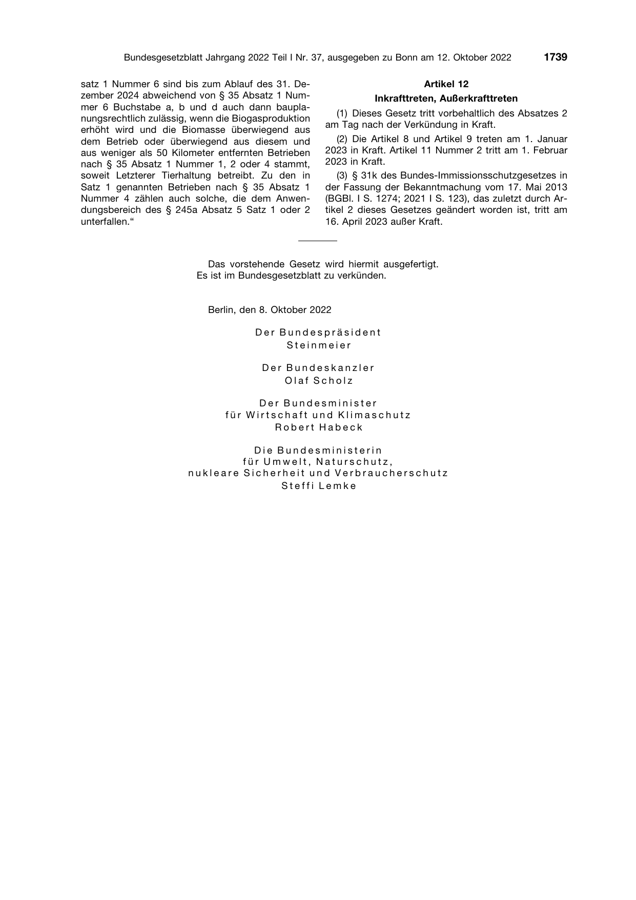 BGBl. 2022, Seite 1739 — Originalseite als Abbildung