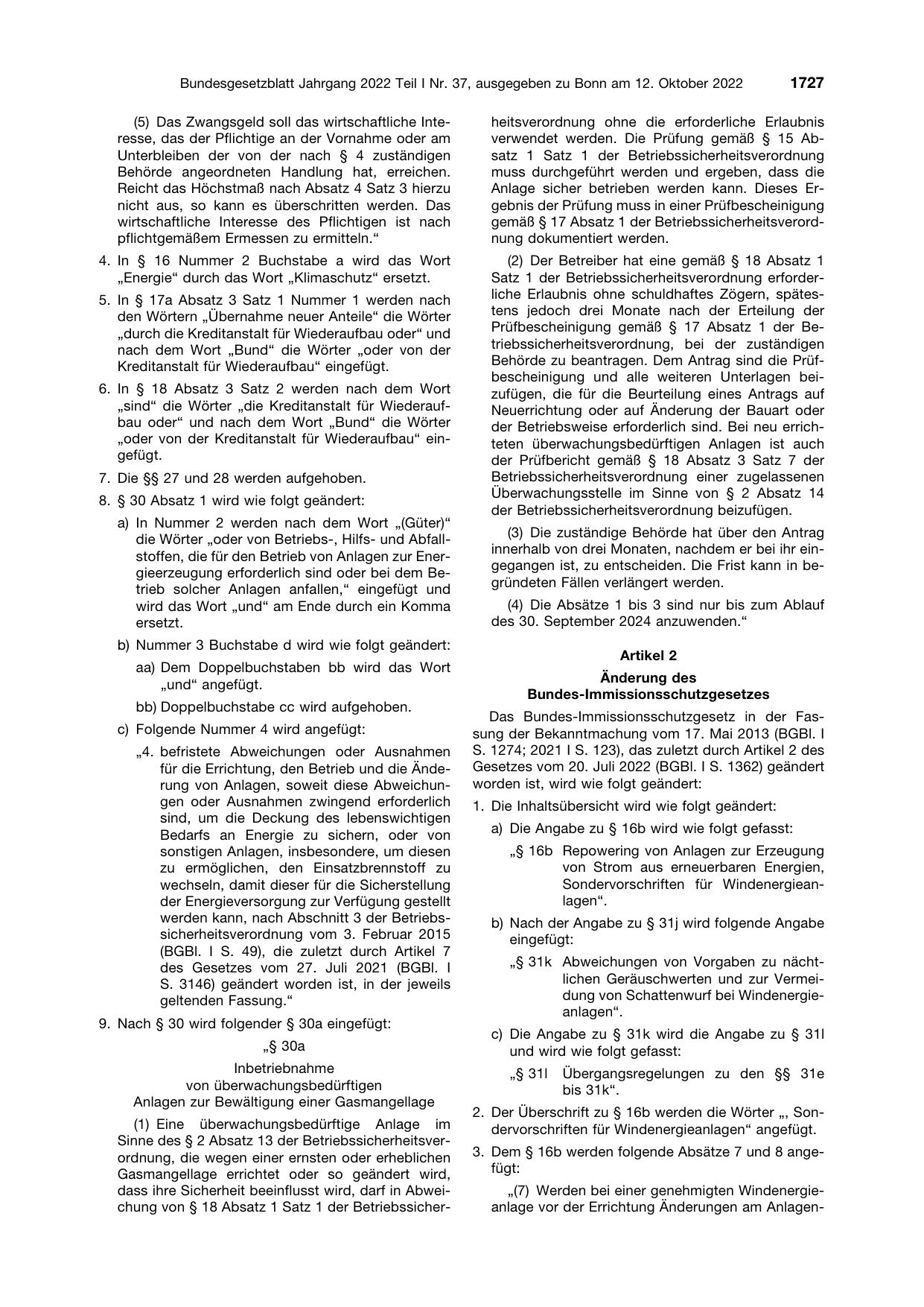 BGBl. 2022, Seite 1727 — Originalseite als Abbildung