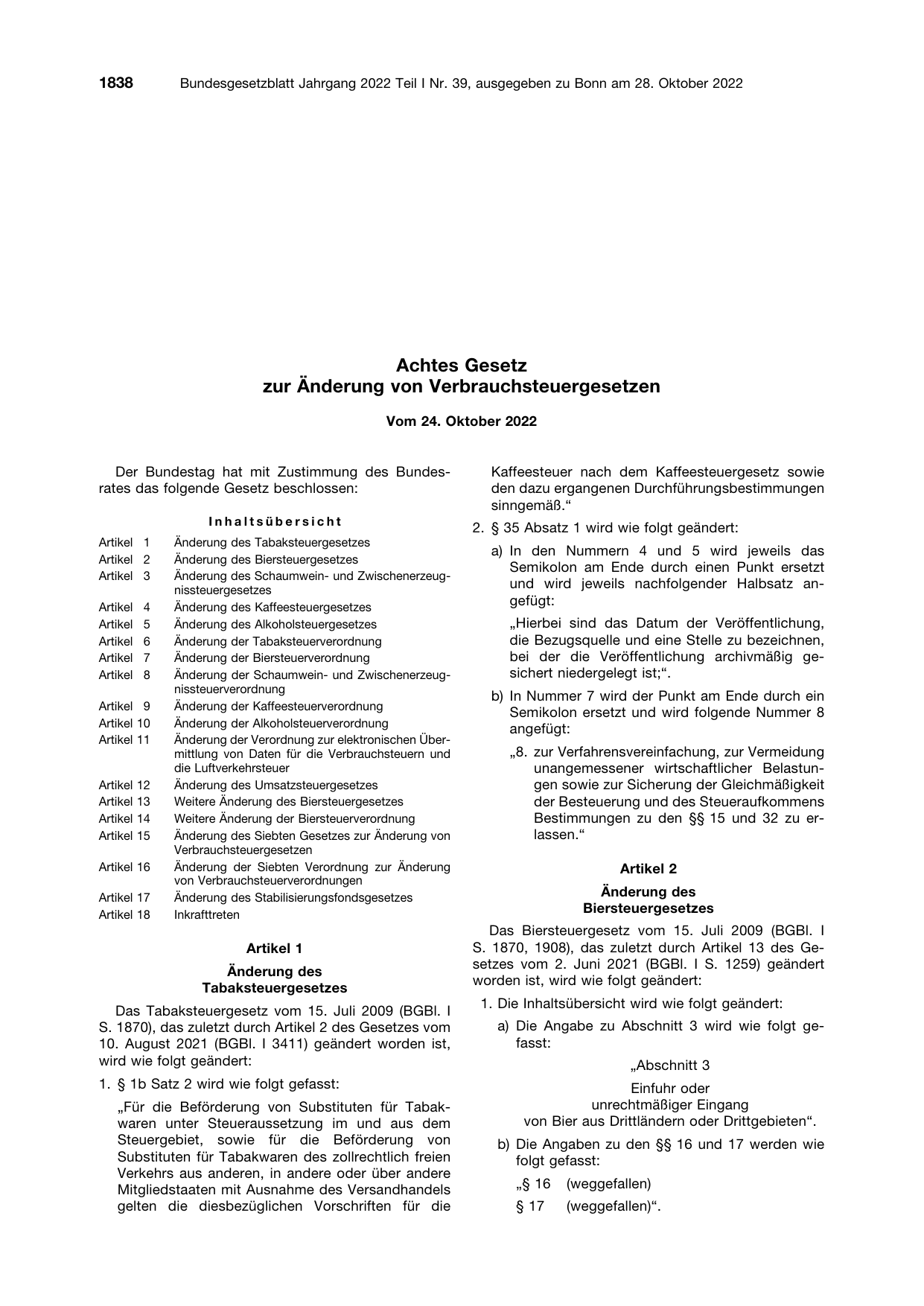 BGBl. 2022, Seite 1838 — Originalseite als Abbildung