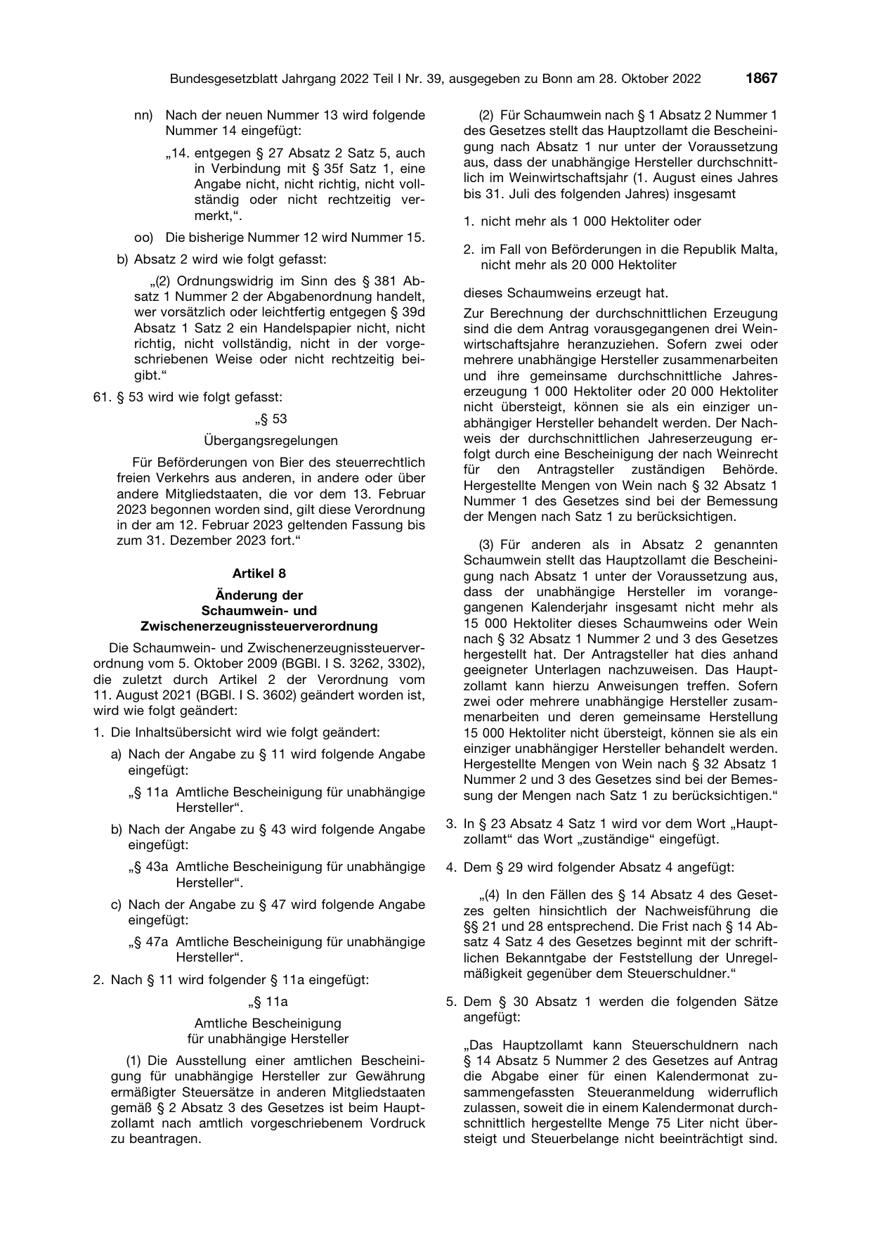 BGBl. 2022, Seite 1867 — Originalseite als Abbildung