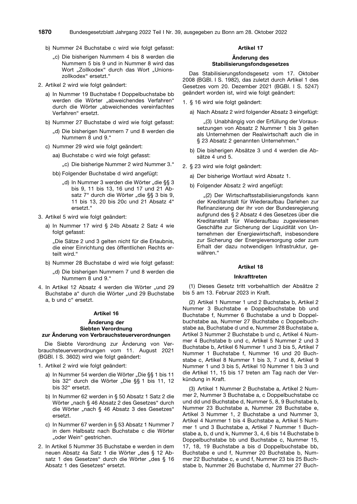 BGBl. 2022, Seite 1870 — Originalseite als Abbildung