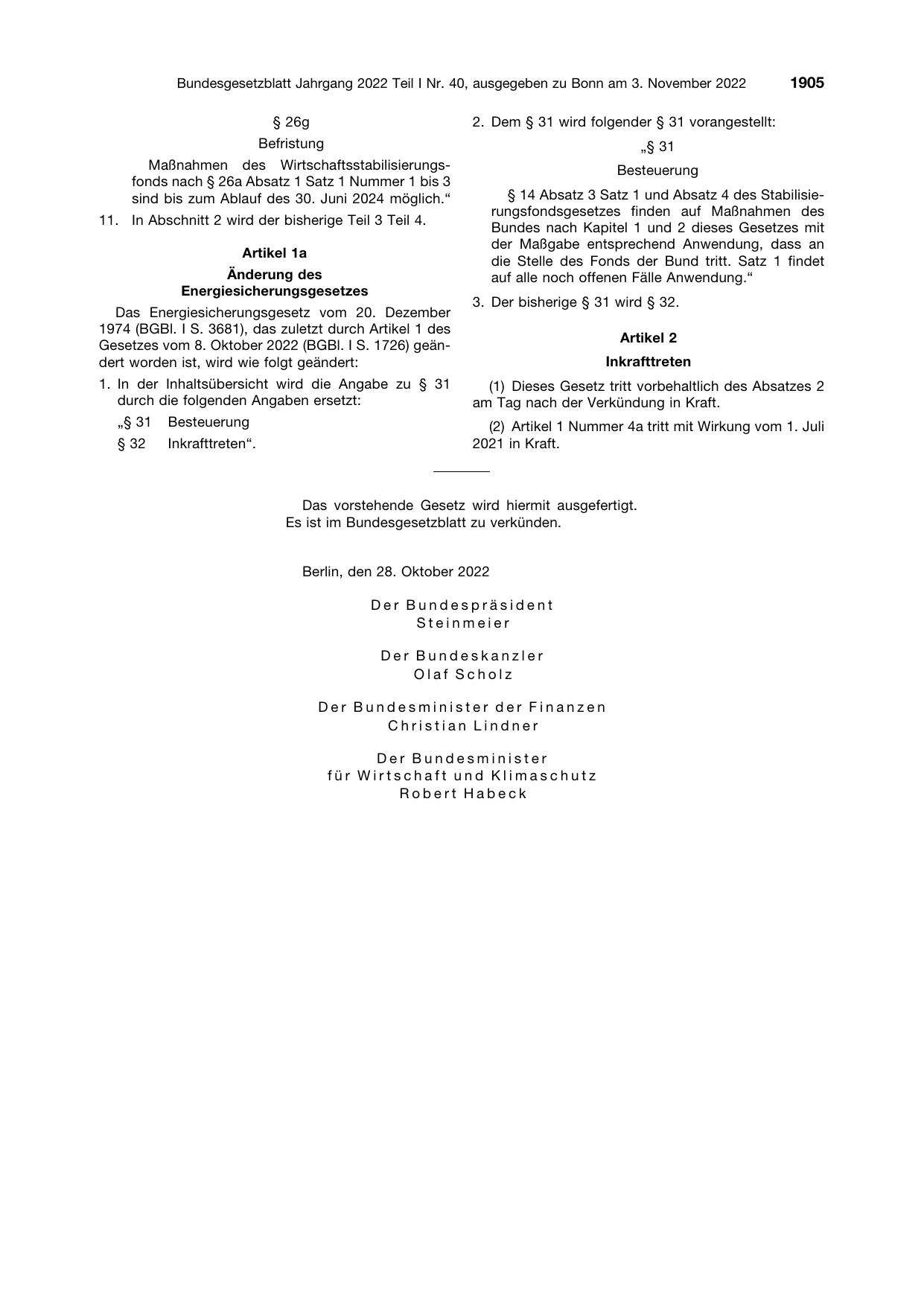 BGBl. 2022, Seite 1905 — Originalseite als Abbildung