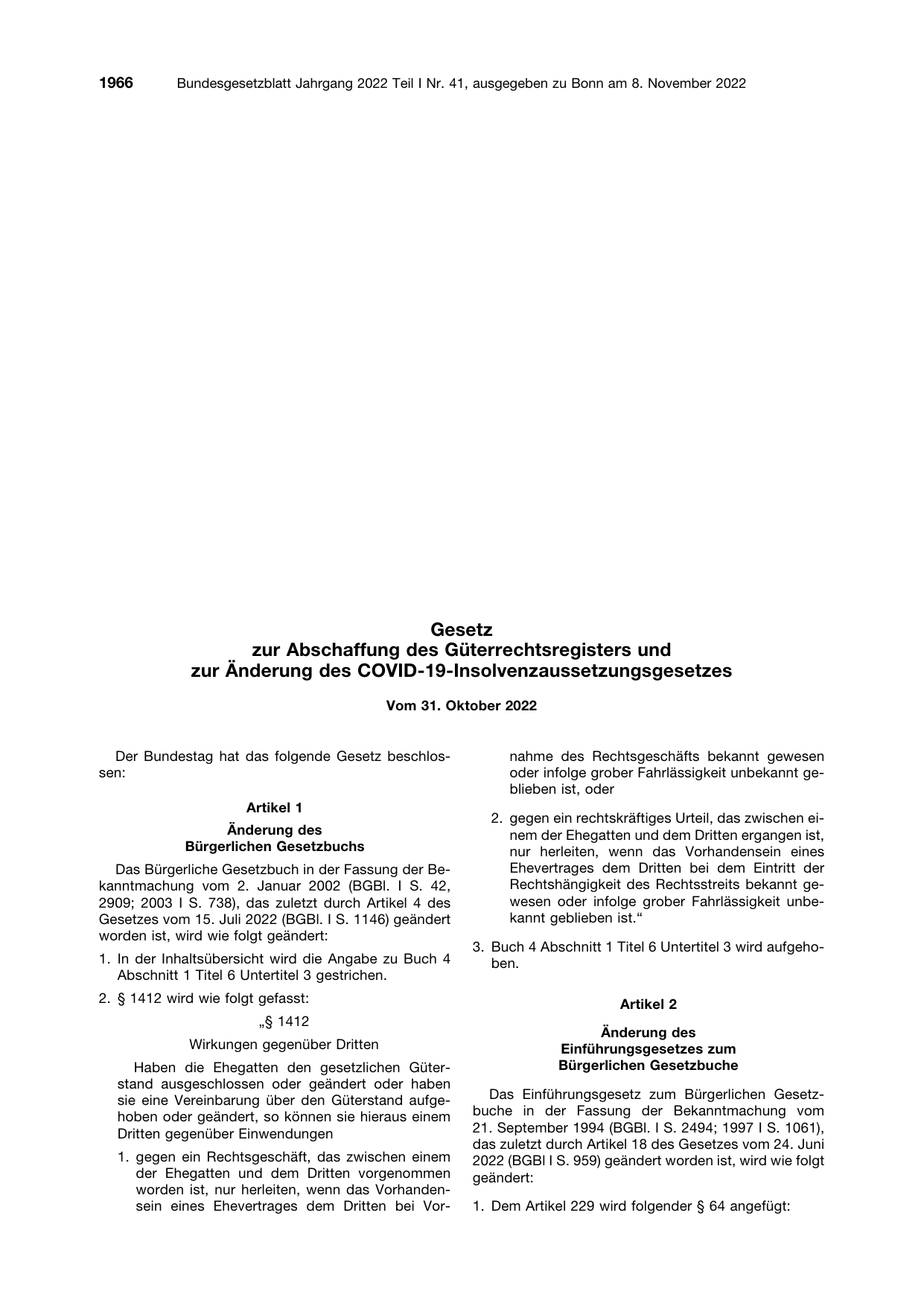 BGBl. 2022, Seite 1966 — Originalseite als Abbildung