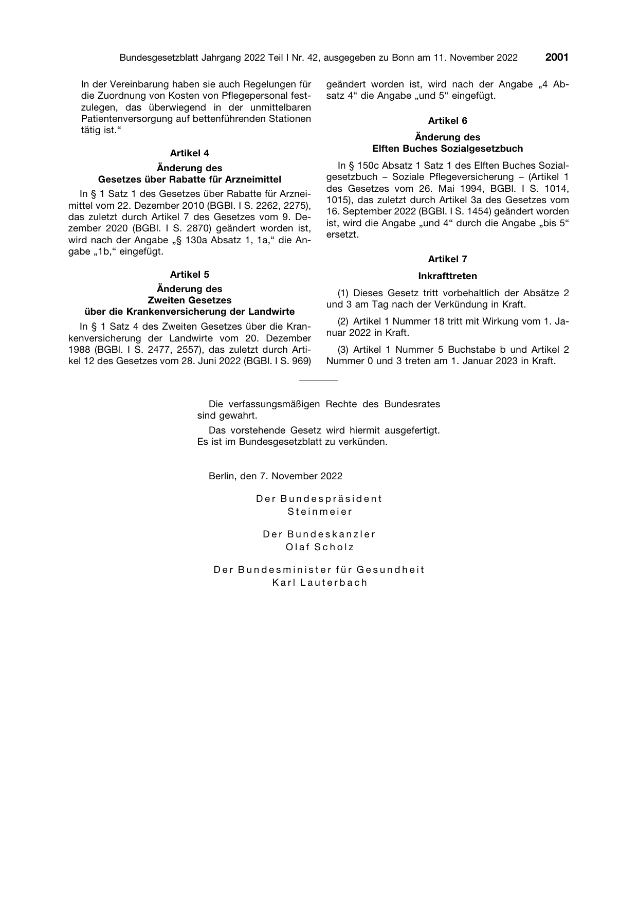 BGBl. 2022, Seite 2001 — Originalseite als Abbildung