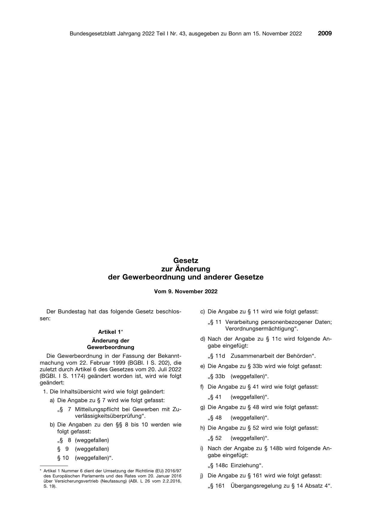 BGBl. 2022, Seite 2009 — Originalseite als Abbildung