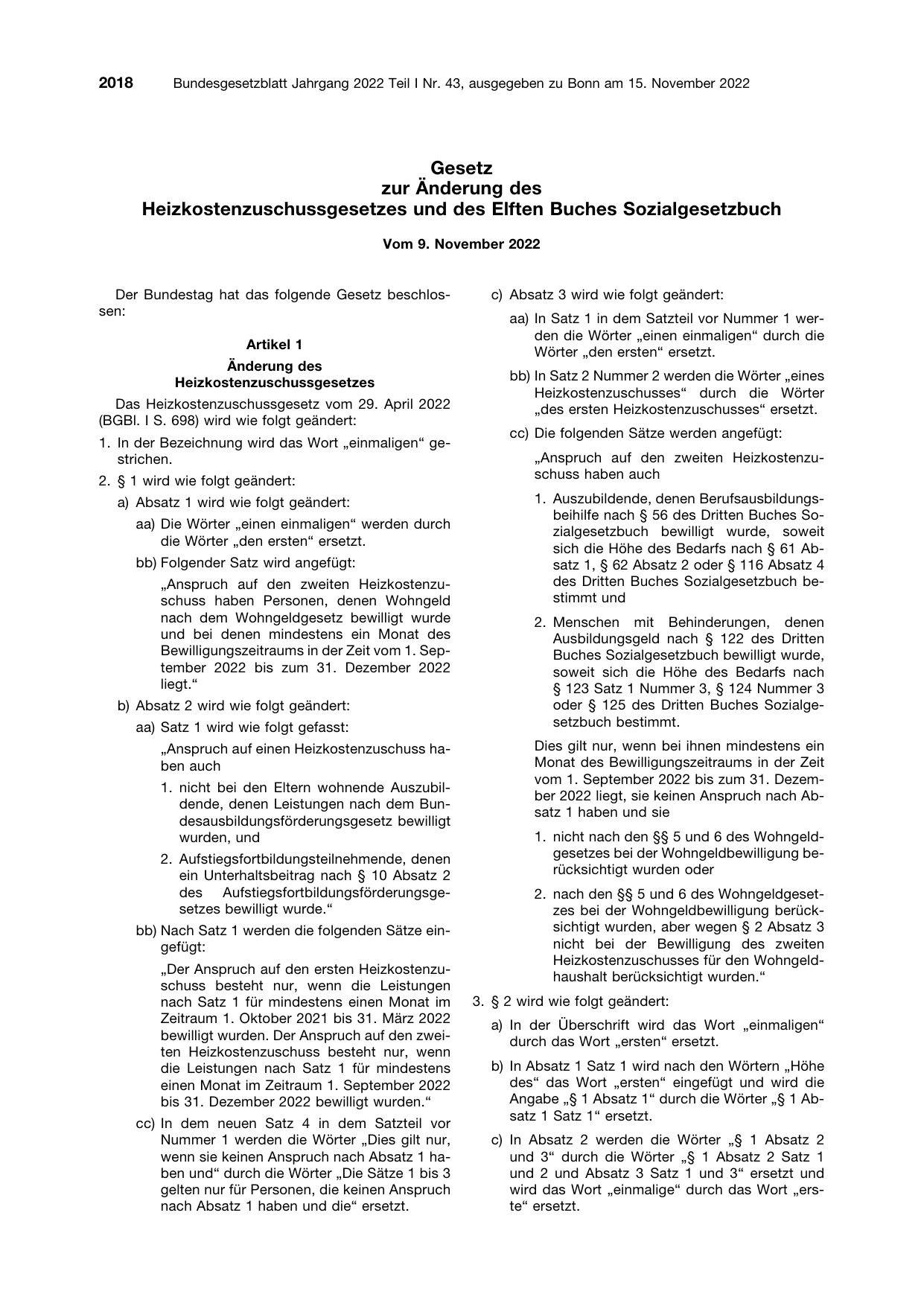 BGBl. 2022, Seite 2018 — Originalseite als Abbildung