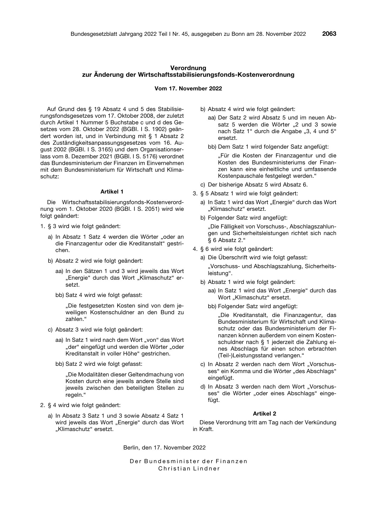 BGBl. 2022, Seite 2063 — Originalseite als Abbildung