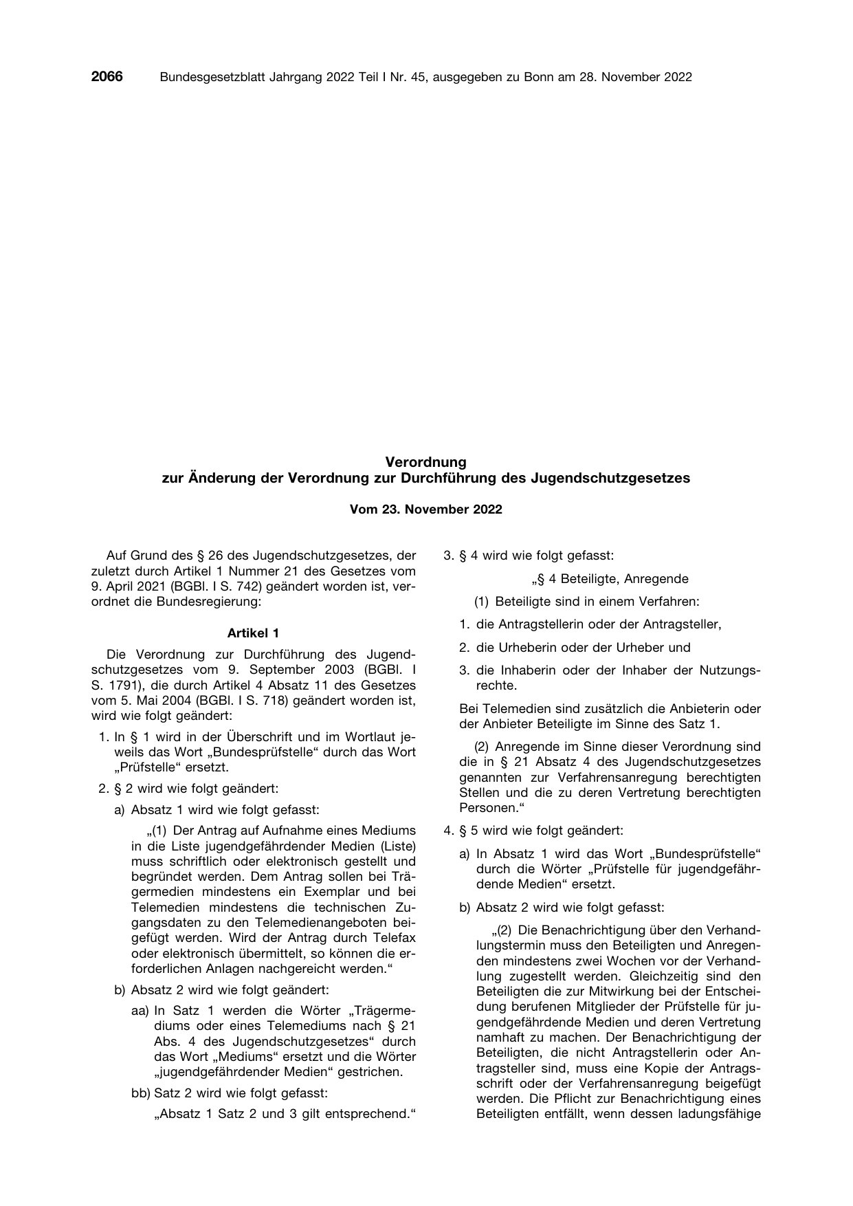 BGBl. 2022, Seite 2066 — Originalseite als Abbildung