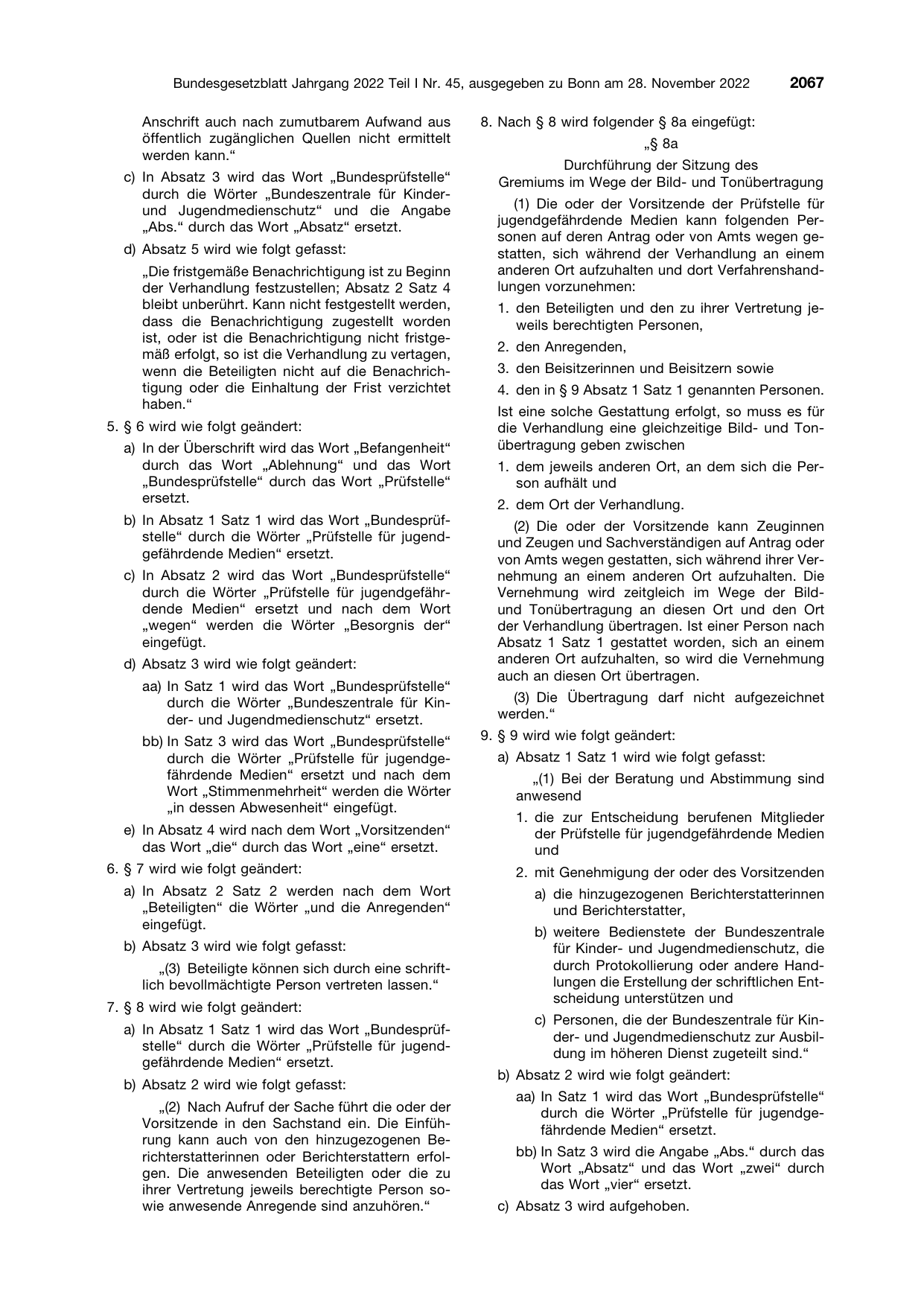 BGBl. 2022, Seite 2067 — Originalseite als Abbildung