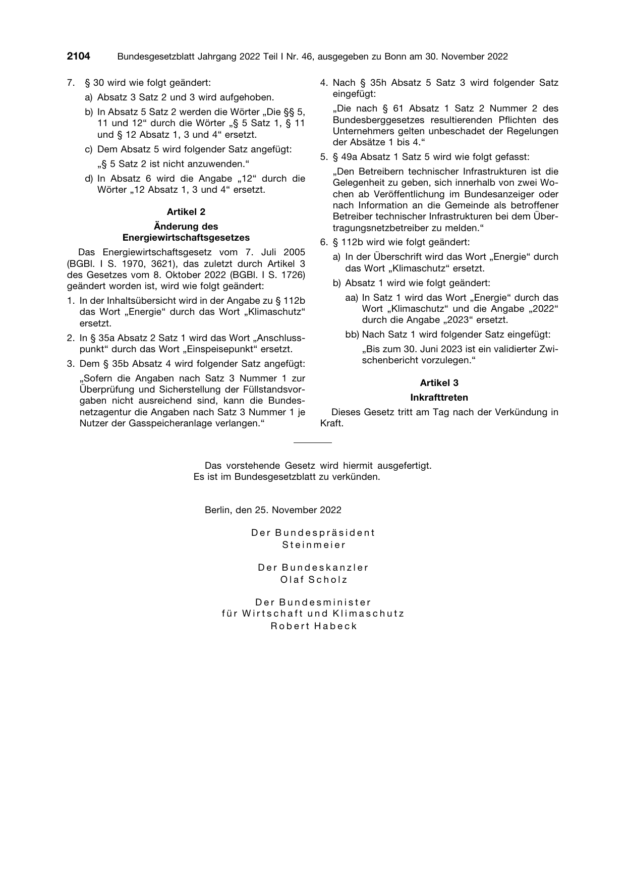 BGBl. 2022, Seite 2104 — Originalseite als Abbildung