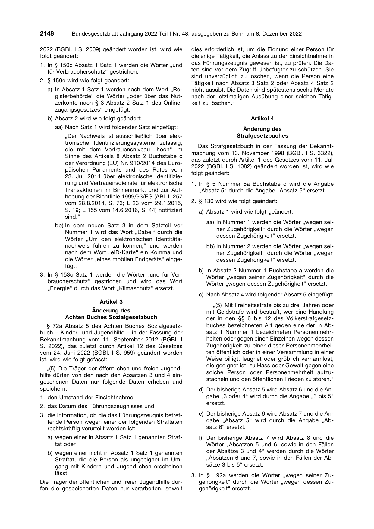 BGBl. 2022, Seite 2148 — Originalseite als Abbildung