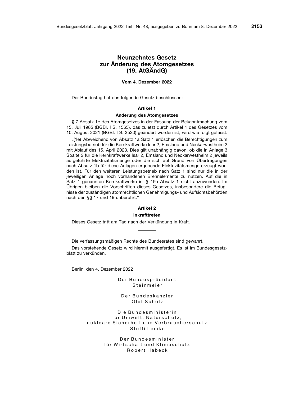 BGBl. 2022, Seite 2153 — Originalseite als Abbildung