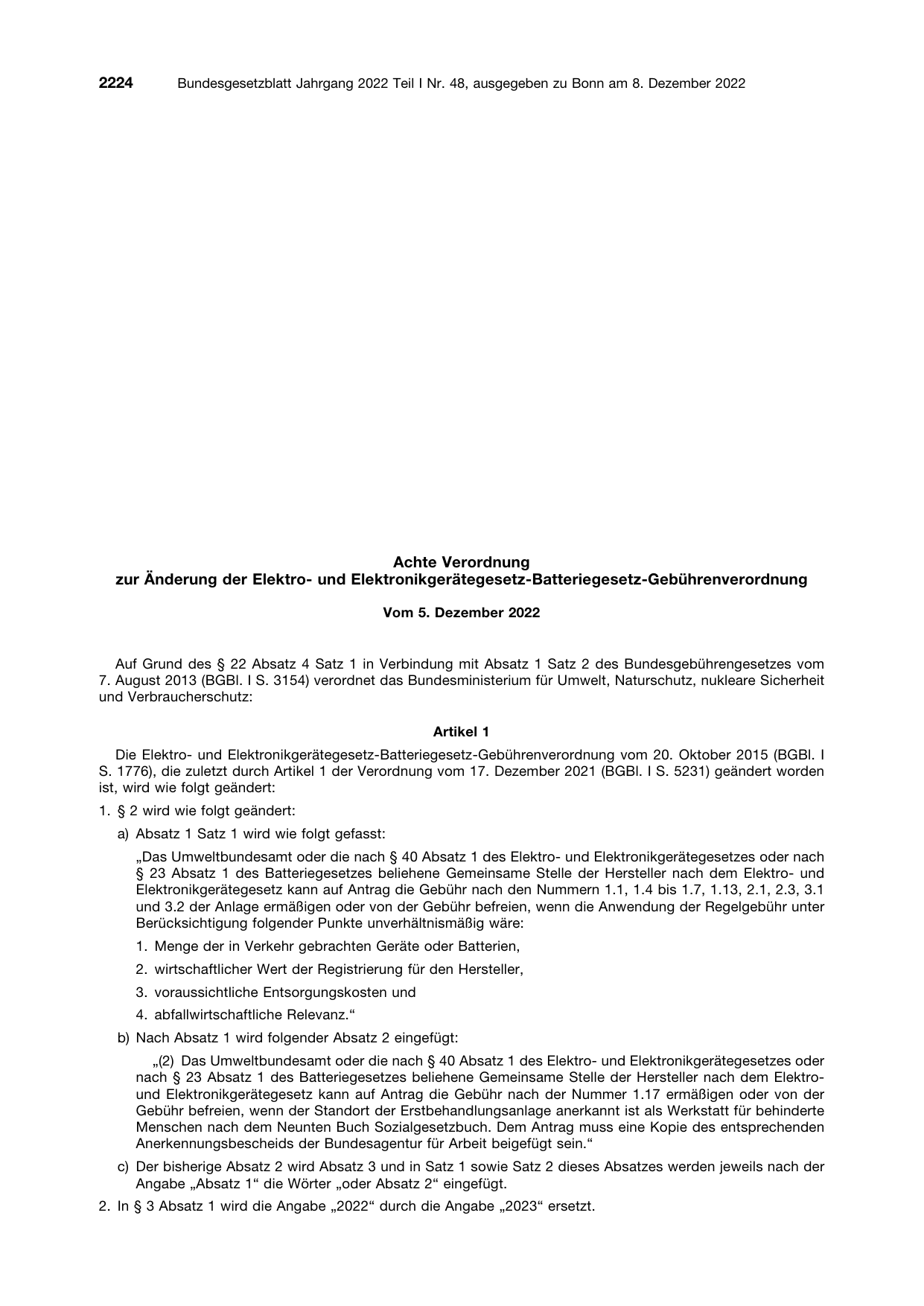 BGBl. 2022, Seite 2224 — Originalseite als Abbildung
