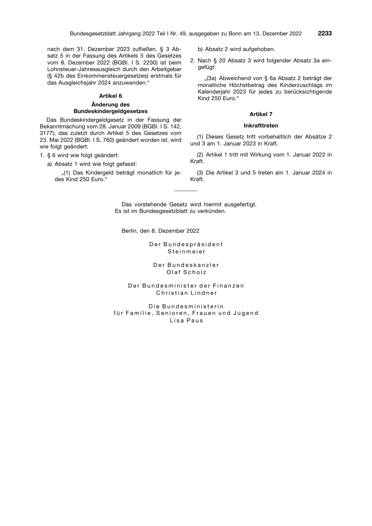 BGBl. 2022, Seite 2233 — Originalseite als Abbildung