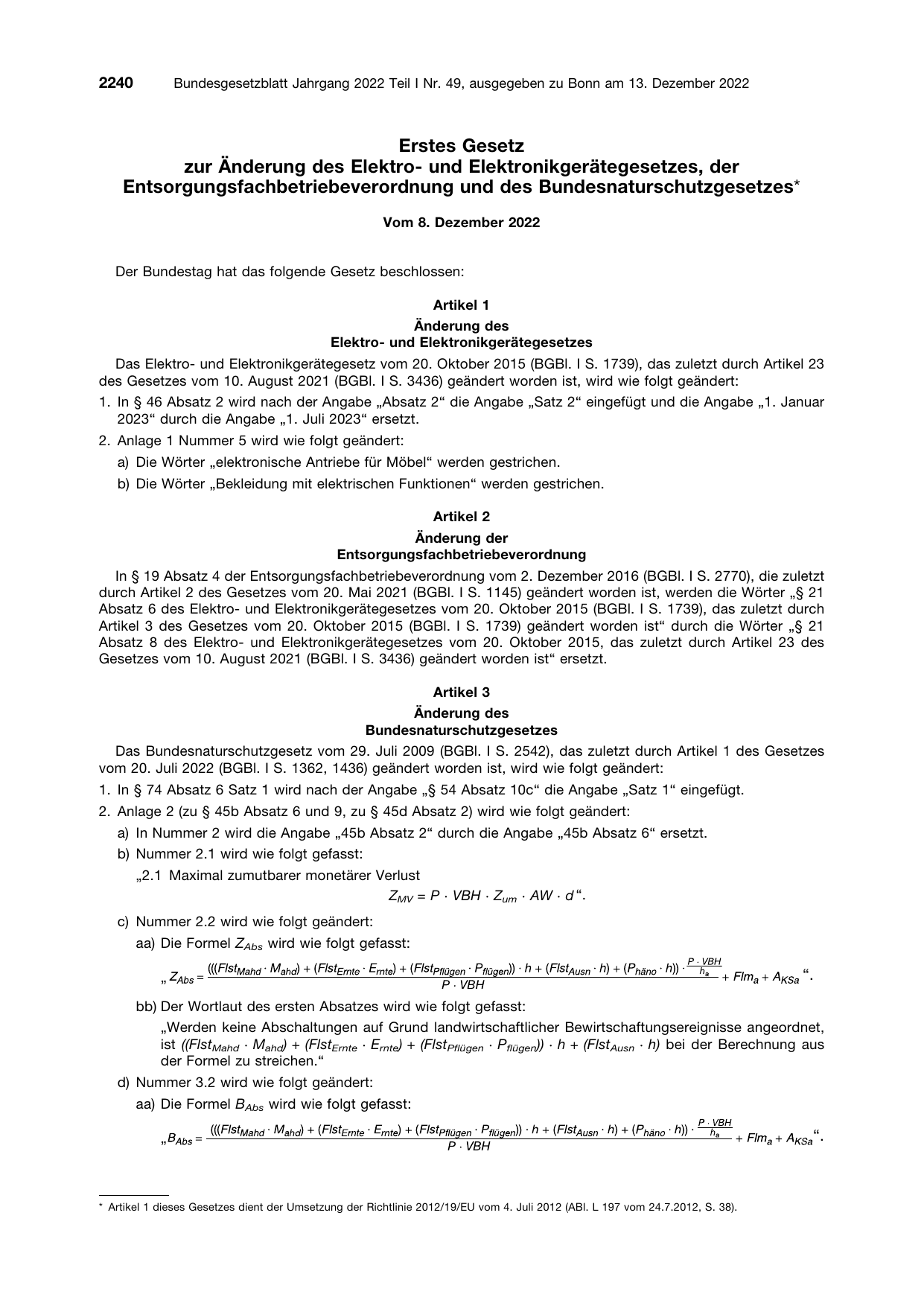 BGBl. 2022, Seite 2240 — Originalseite als Abbildung