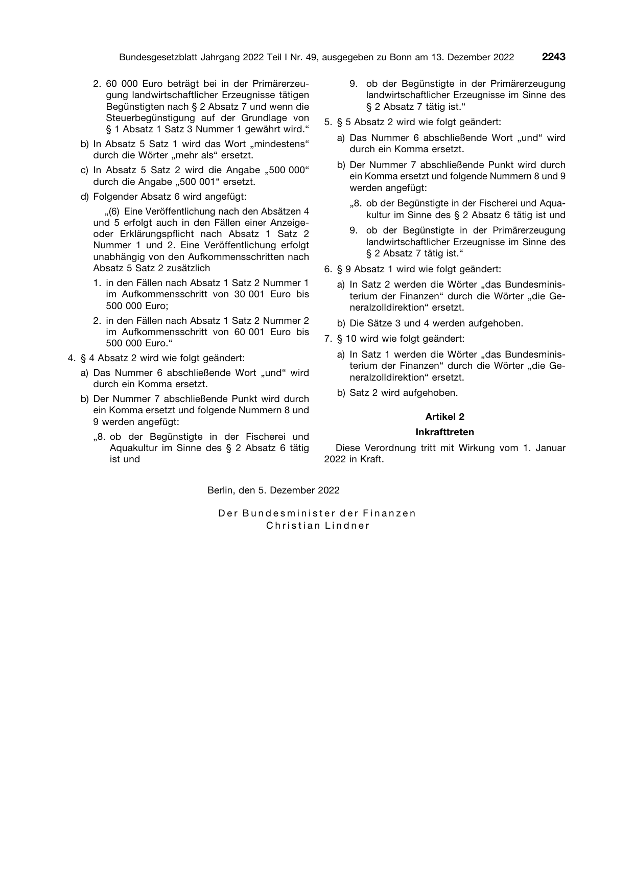 BGBl. 2022, Seite 2243 — Originalseite als Abbildung