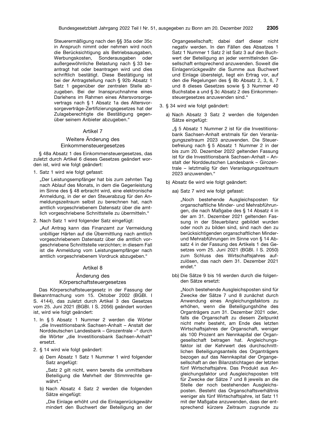 BGBl. 2022, Seite 2305 — Originalseite als Abbildung