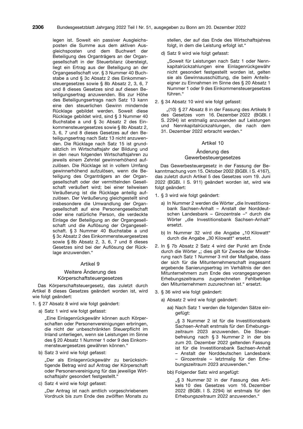 BGBl. 2022, Seite 2306 — Originalseite als Abbildung