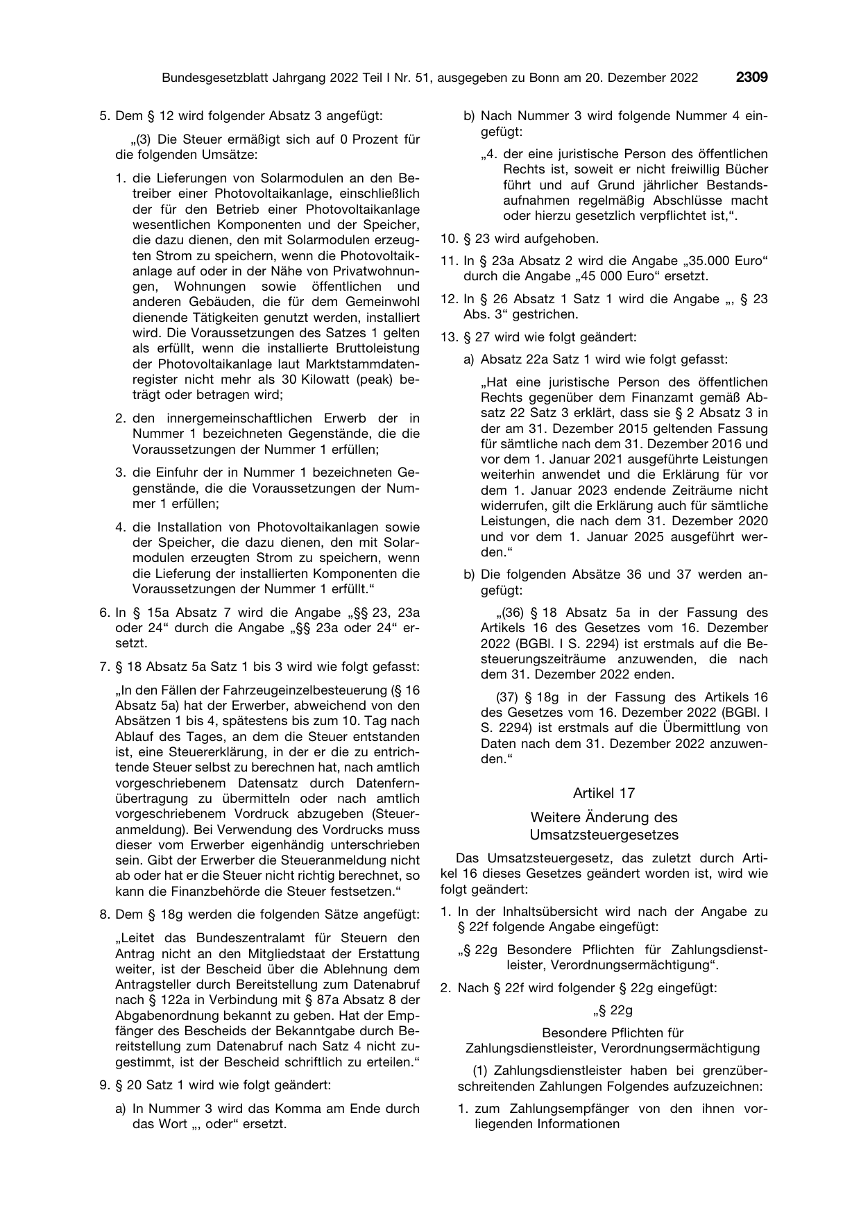 BGBl. 2022, Seite 2309 — Originalseite als Abbildung