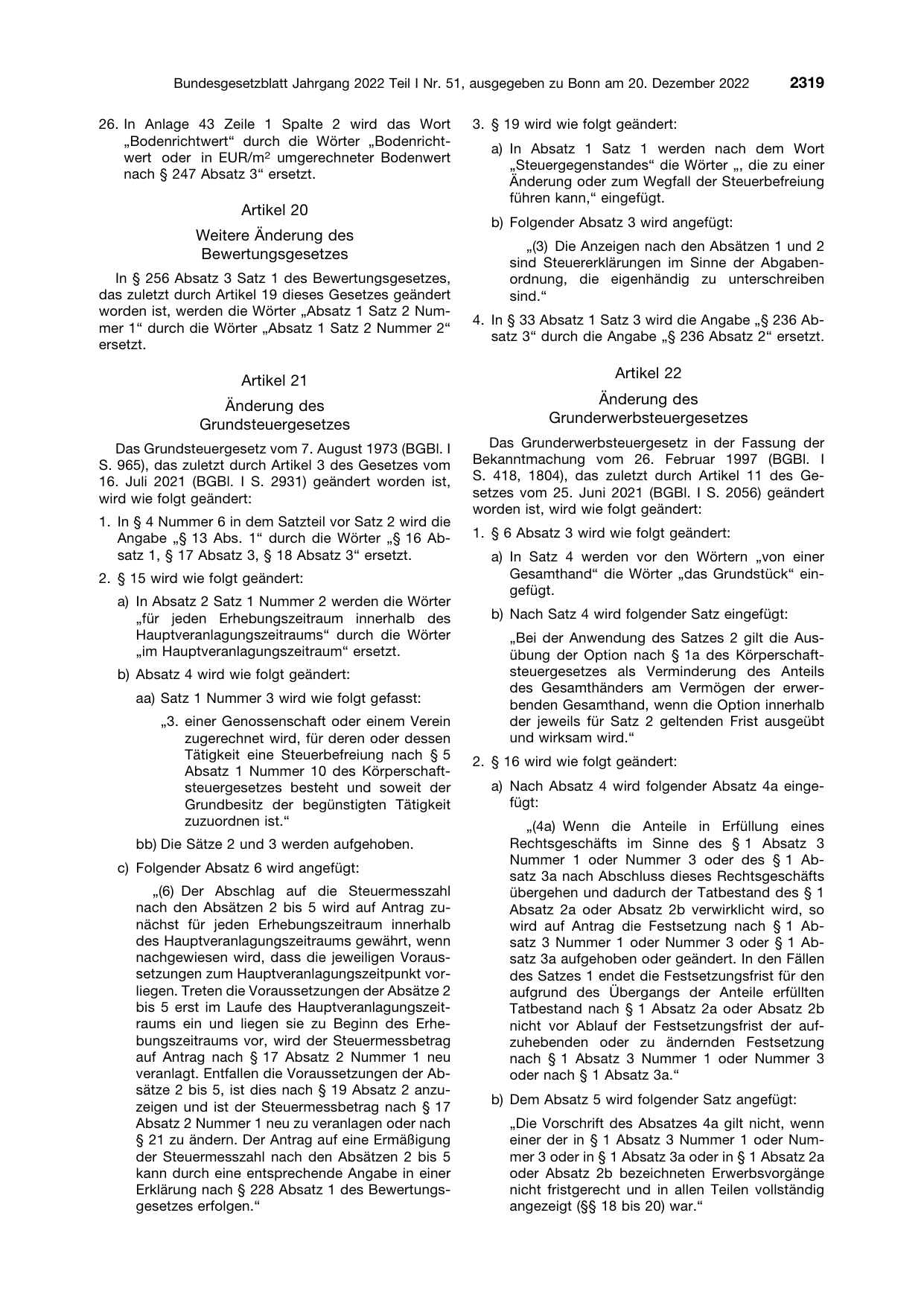 BGBl. 2022, Seite 2319 — Originalseite als Abbildung