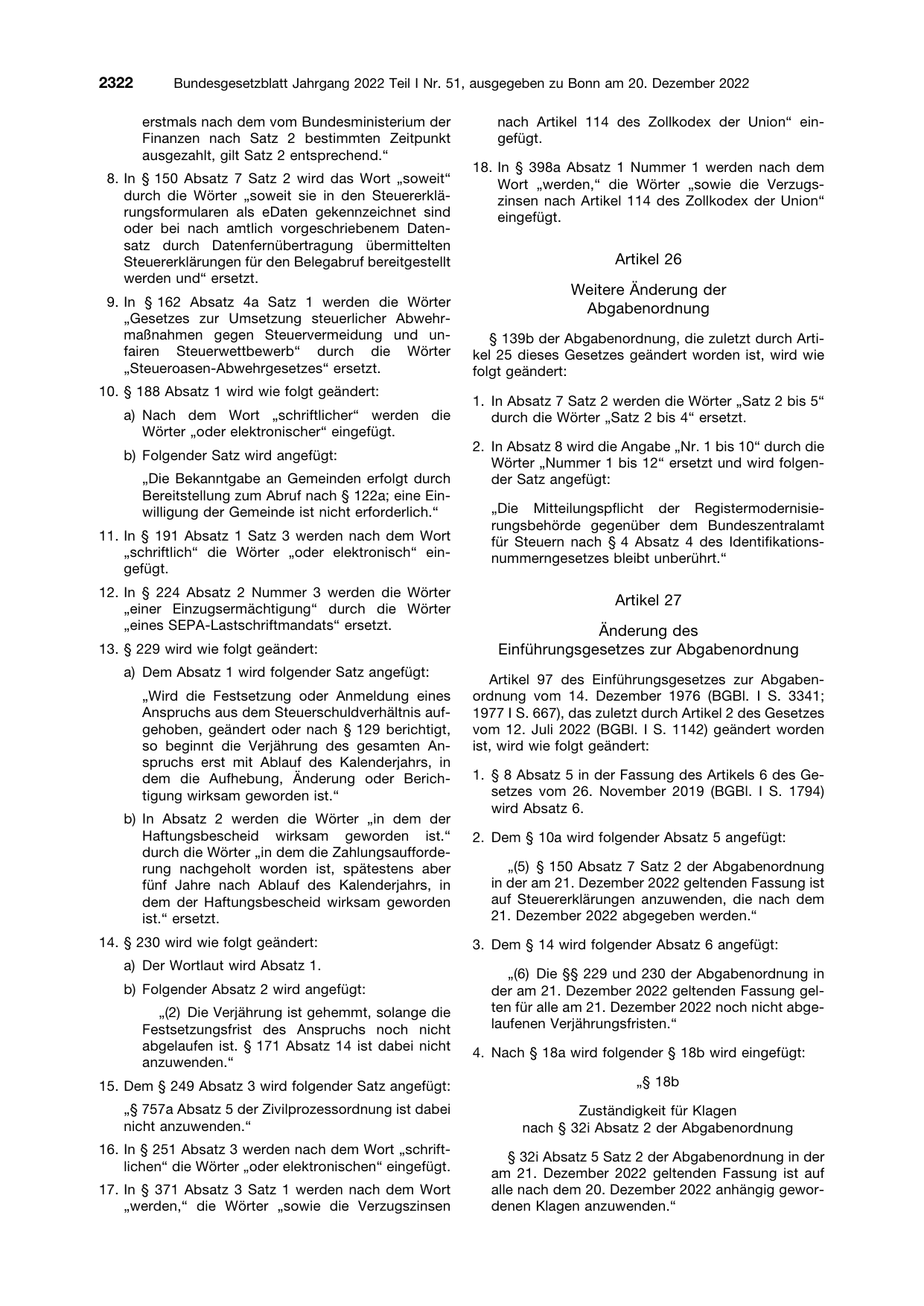 BGBl. 2022, Seite 2322 — Originalseite als Abbildung