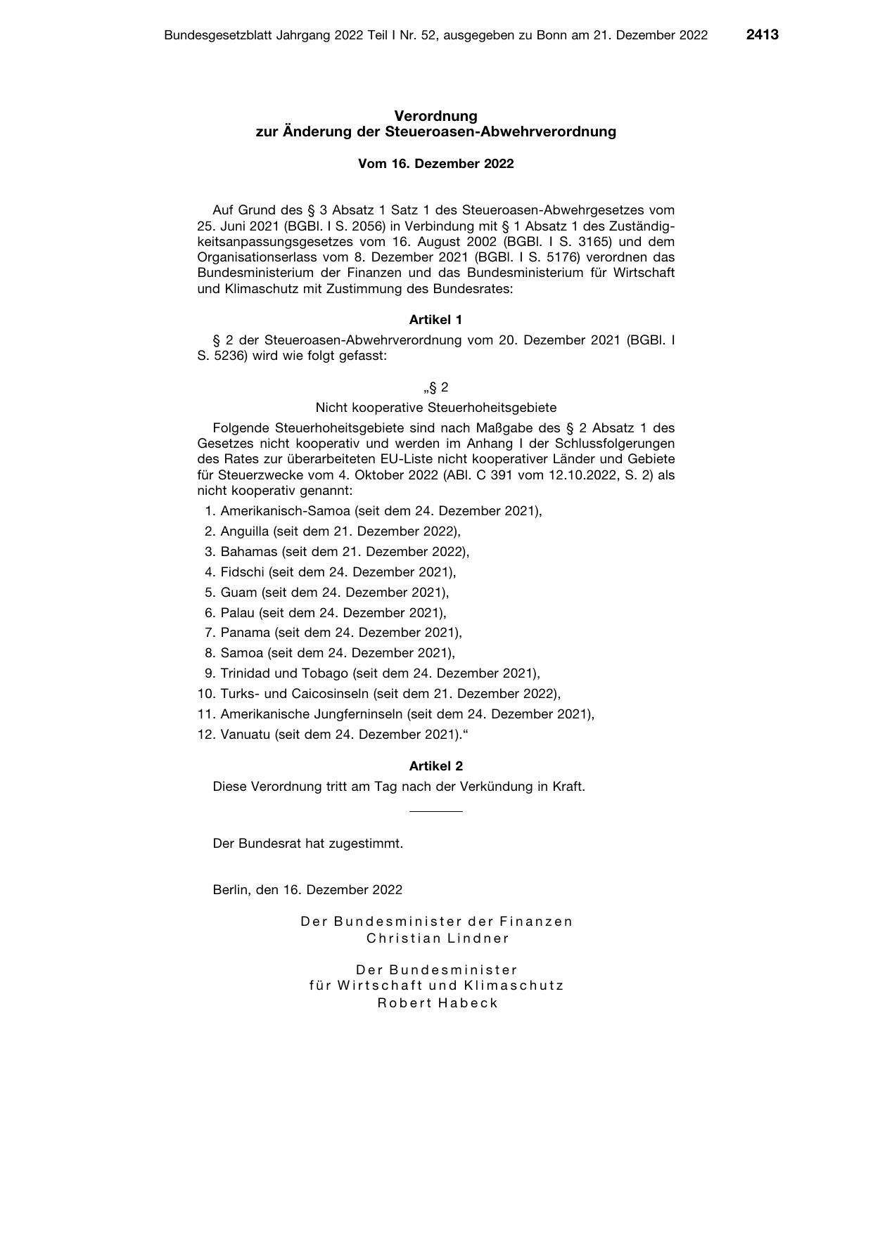 BGBl. 2022, Seite 2413 — Originalseite als Abbildung