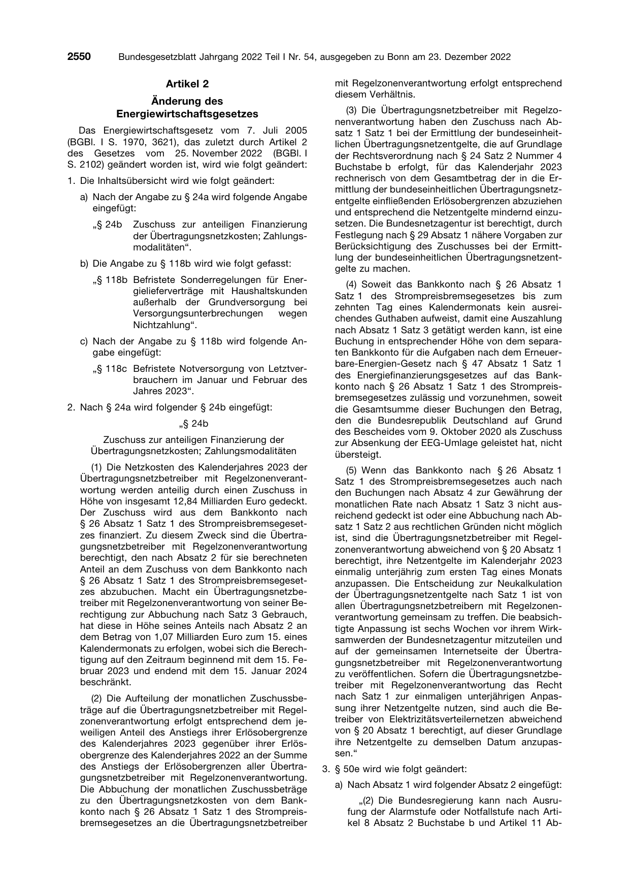 BGBl. 2022, Seite 2550 — Originalseite als Abbildung