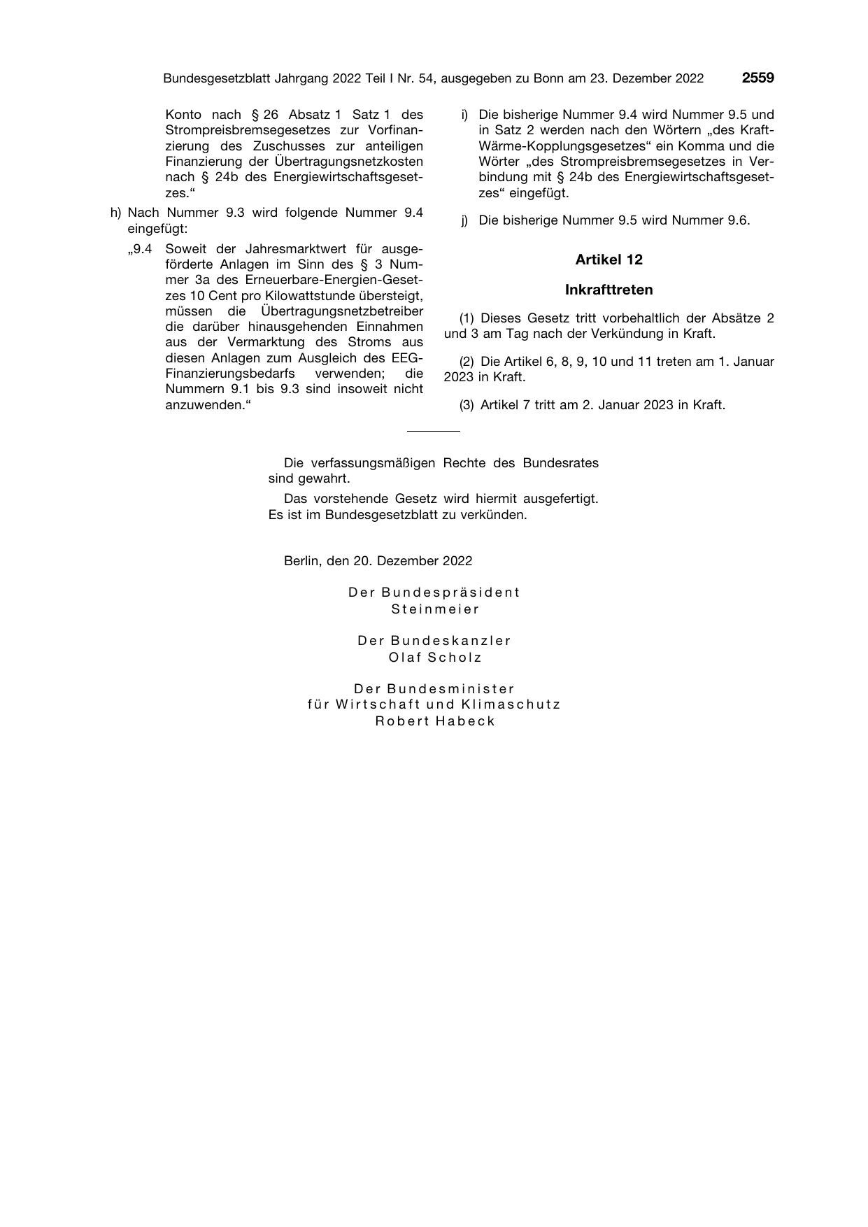 BGBl. 2022, Seite 2559 — Originalseite als Abbildung