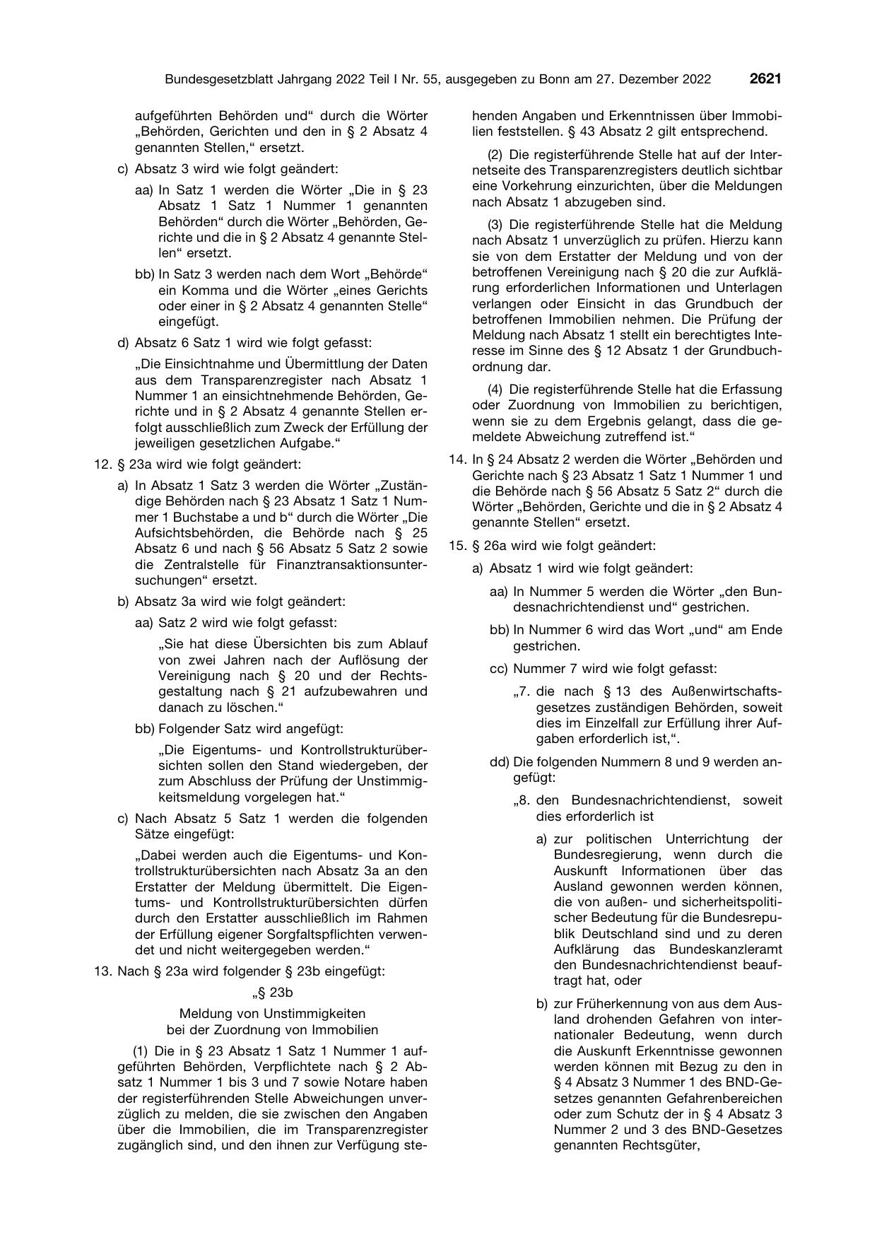 BGBl. 2022, Seite 2621 — Originalseite als Abbildung