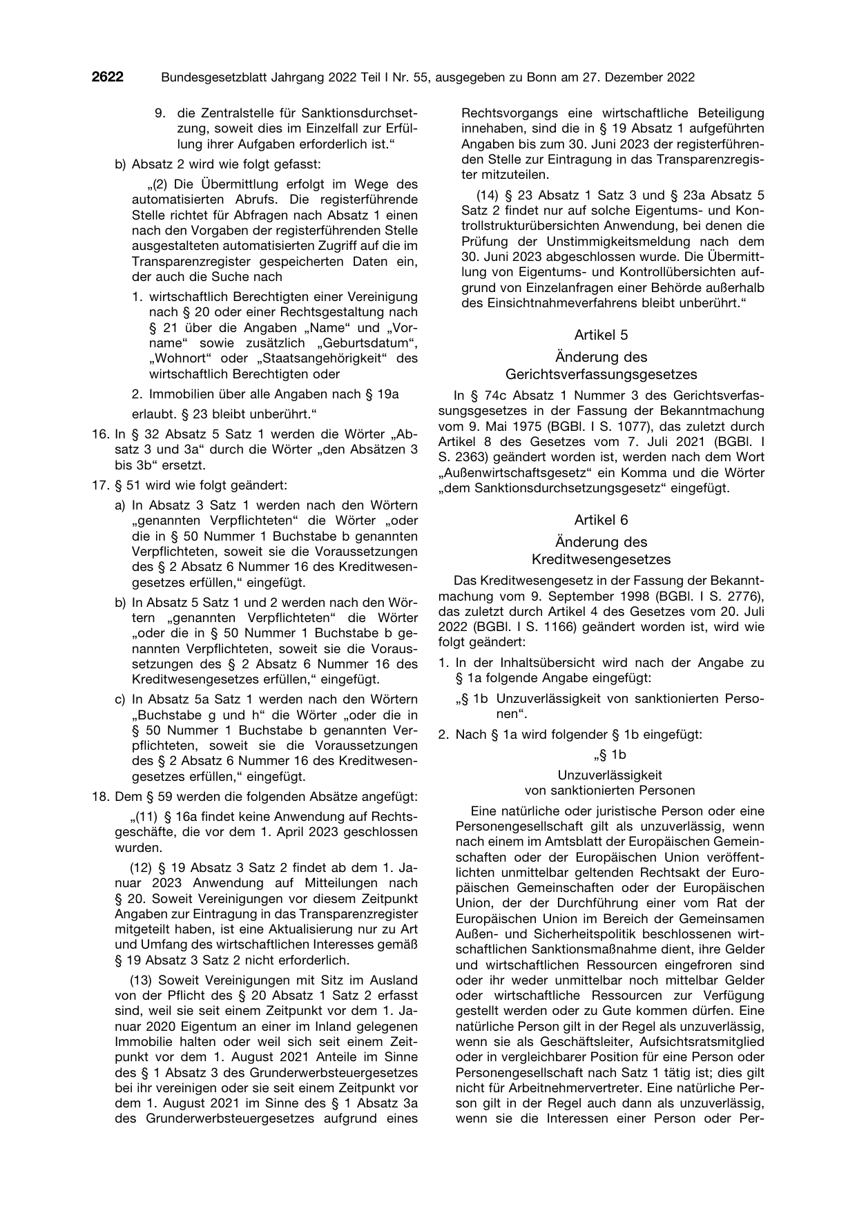 BGBl. 2022, Seite 2622 — Originalseite als Abbildung