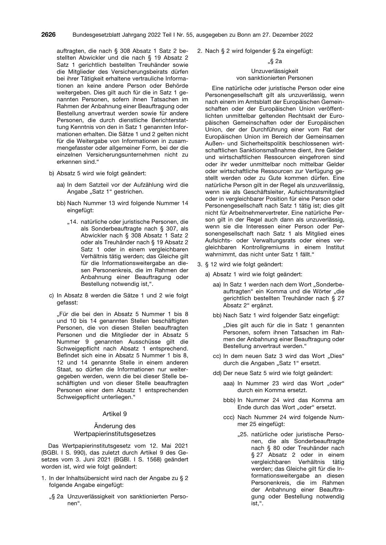 BGBl. 2022, Seite 2626 — Originalseite als Abbildung