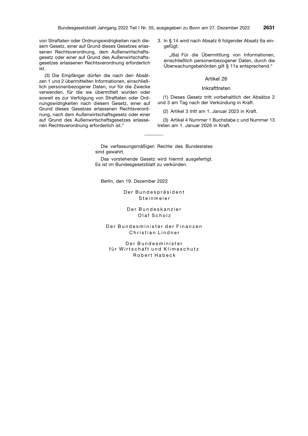BGBl. 2022, Seite 2631 — Originalseite als Abbildung