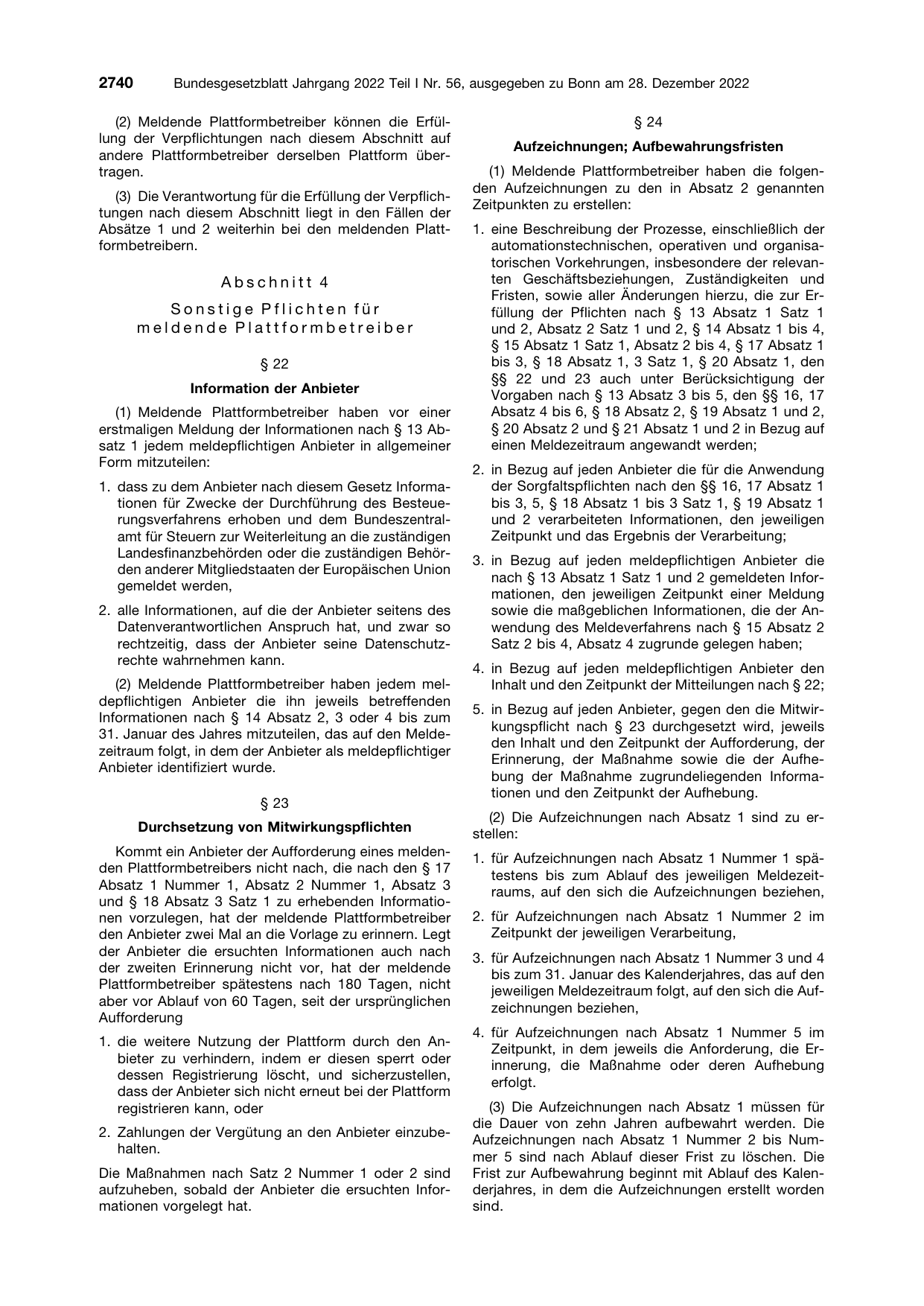 BGBl. 2022, Seite 2740 — Originalseite als Abbildung