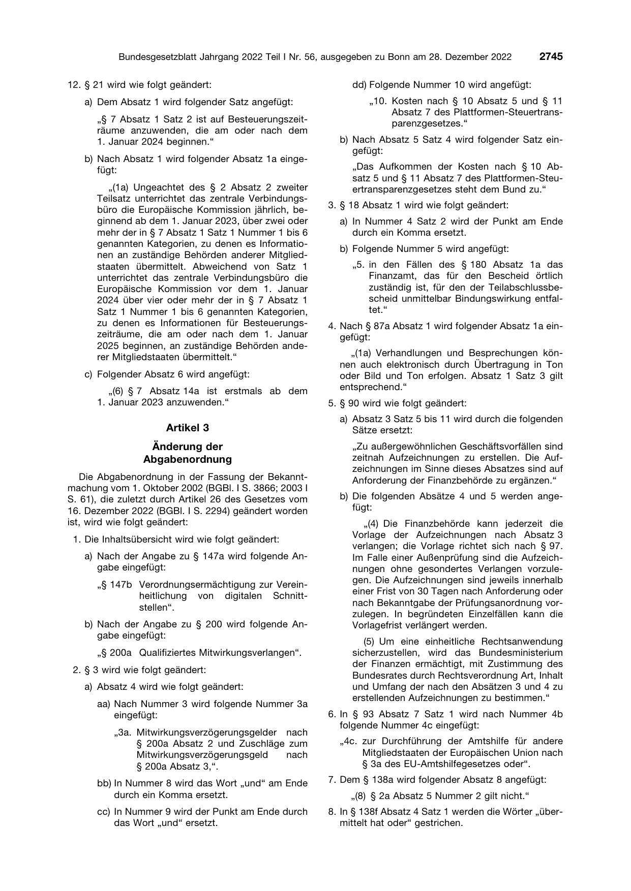 BGBl. 2022, Seite 2745 — Originalseite als Abbildung