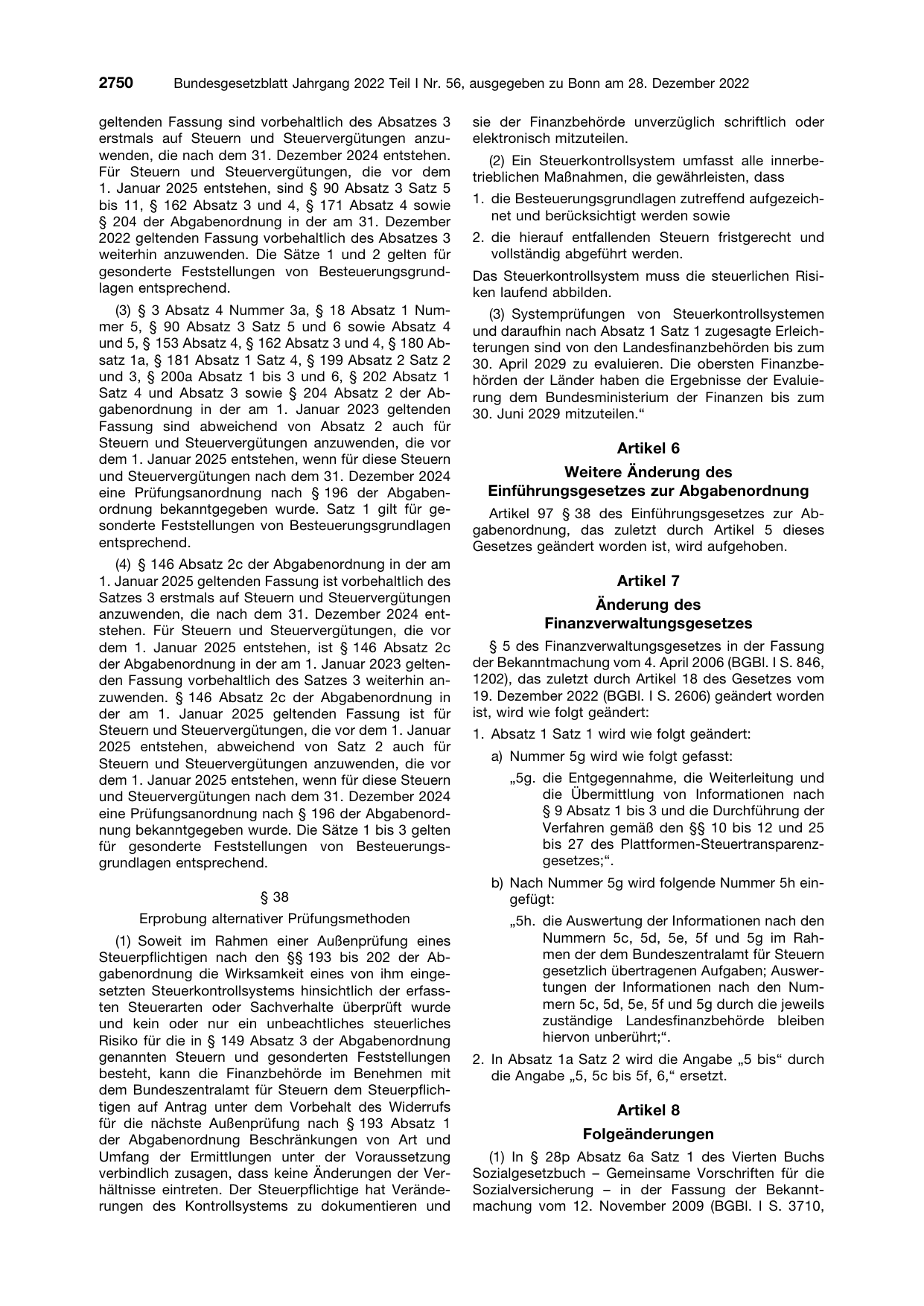 BGBl. 2022, Seite 2750 — Originalseite als Abbildung