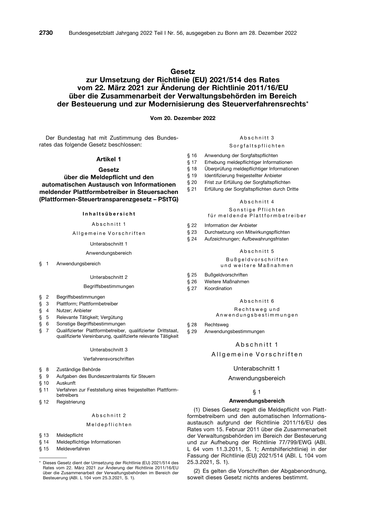 BGBl. 2022, Seite 2730 — Originalseite als Abbildung