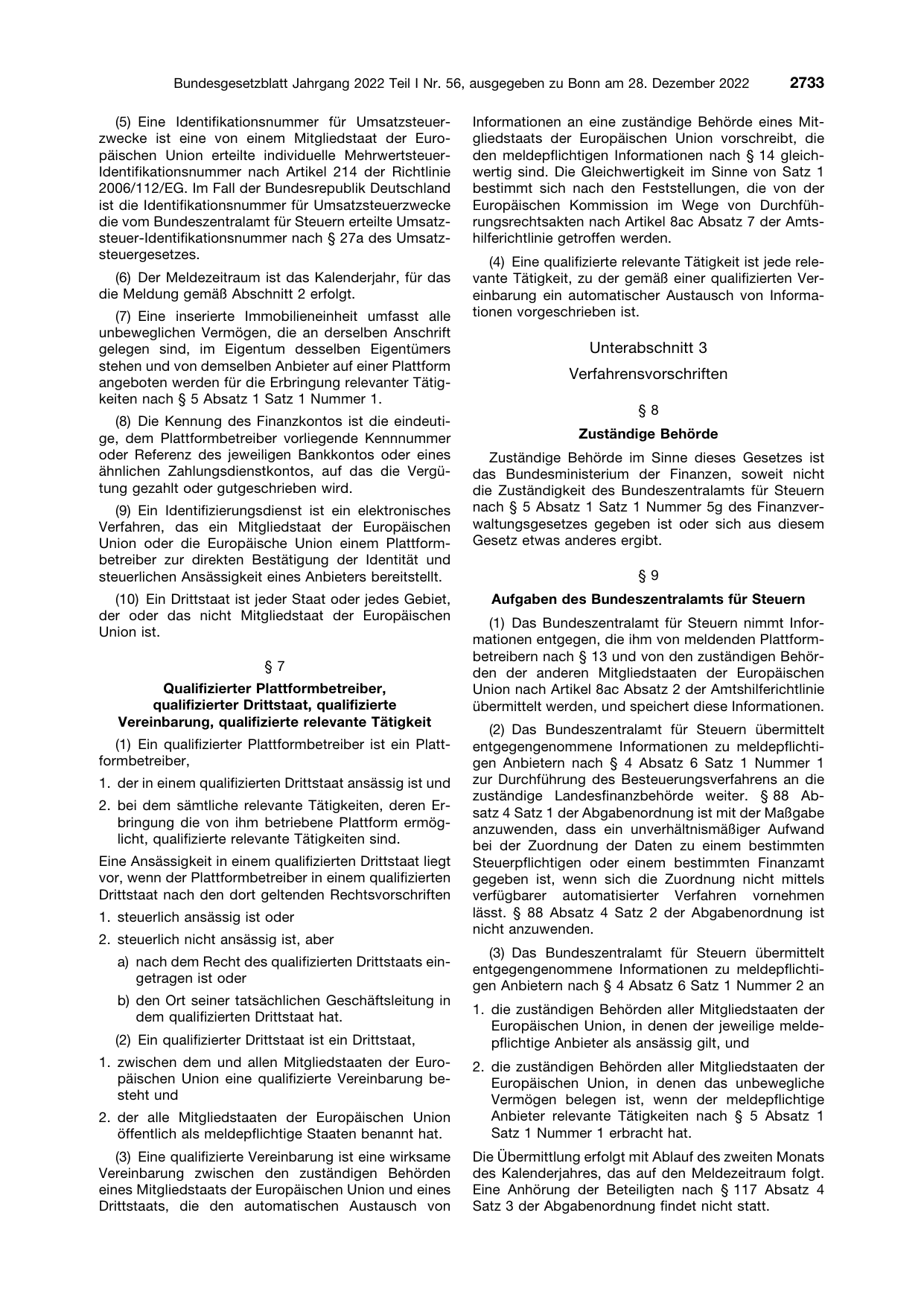 BGBl. 2022, Seite 2733 — Originalseite als Abbildung
