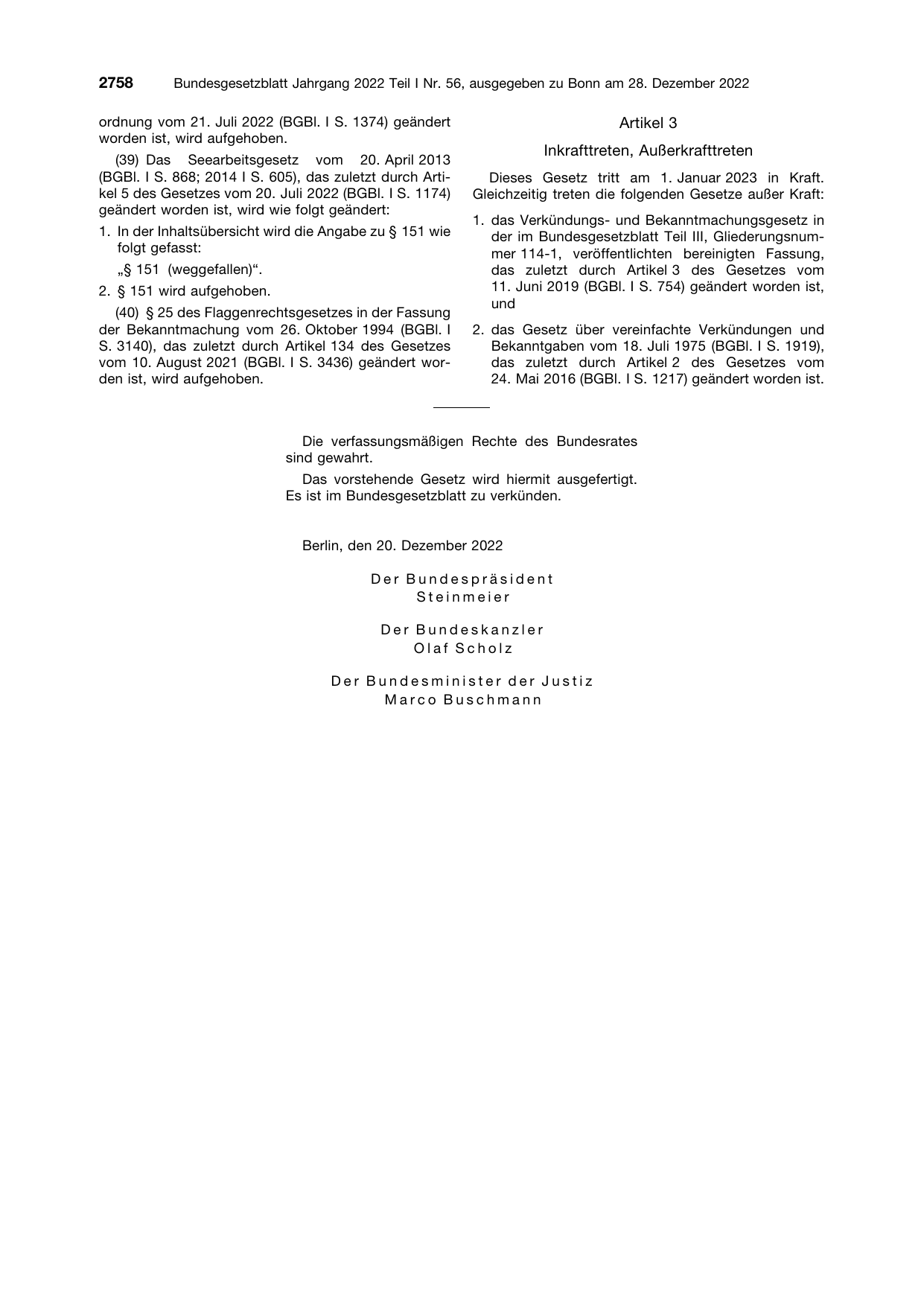 BGBl. 2022, Seite 2758 — Originalseite als Abbildung