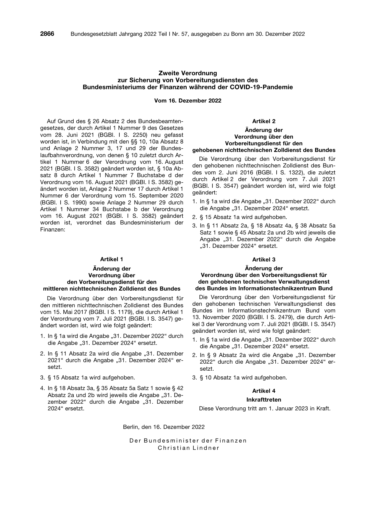 BGBl. 2022, Seite 2866 — Originalseite als Abbildung