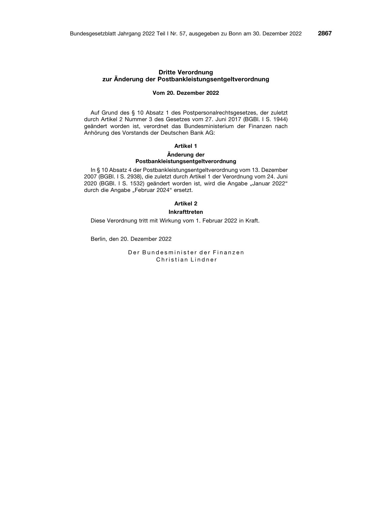 BGBl. 2022, Seite 2867 — Originalseite als Abbildung