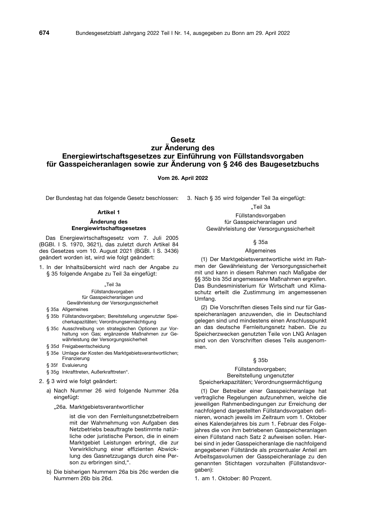 BGBl. 2022, Seite 674 — Originalseite als Abbildung