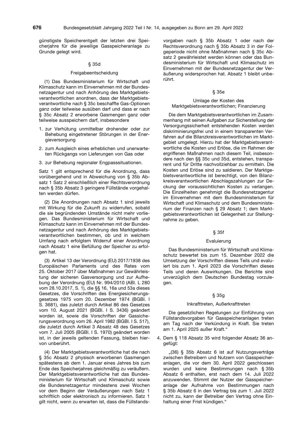 BGBl. 2022, Seite 676 — Originalseite als Abbildung