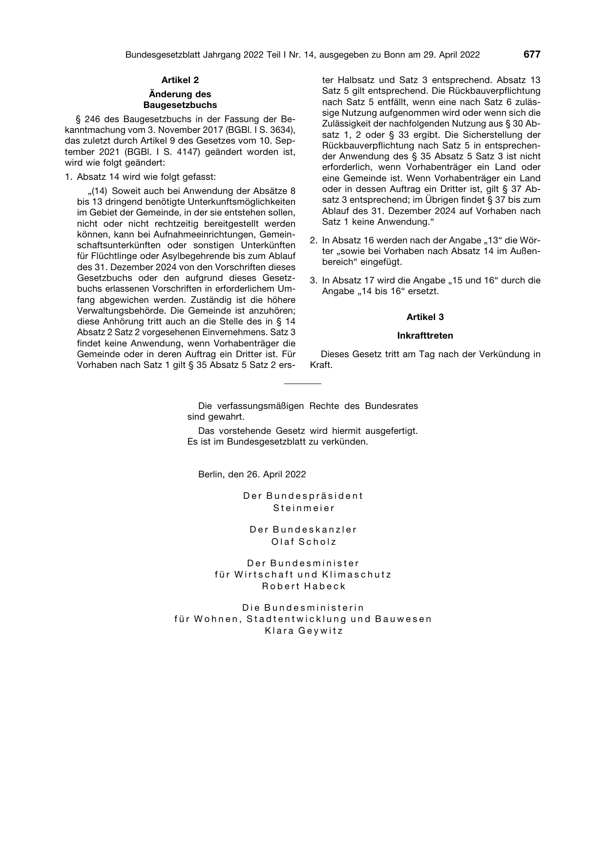 BGBl. 2022, Seite 677 — Originalseite als Abbildung