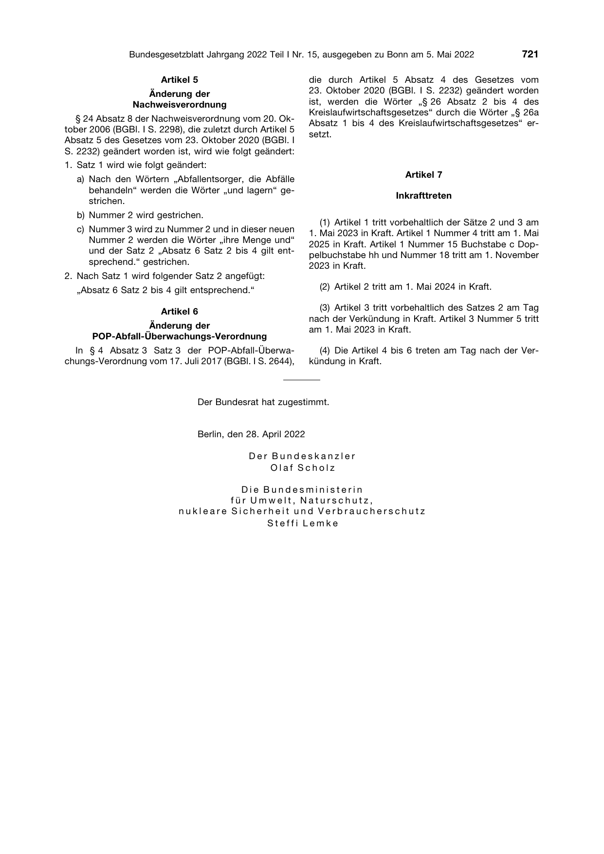 BGBl. 2022, Seite 721 — Originalseite als Abbildung