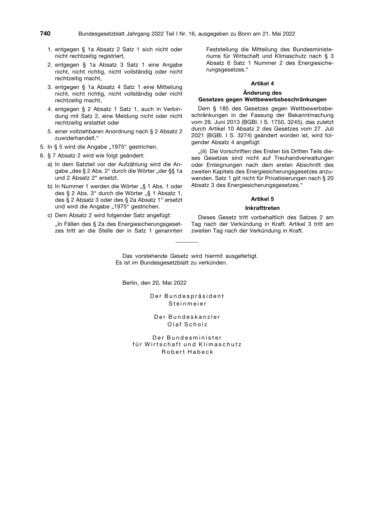 BGBl. 2022, Seite 740 — Originalseite als Abbildung